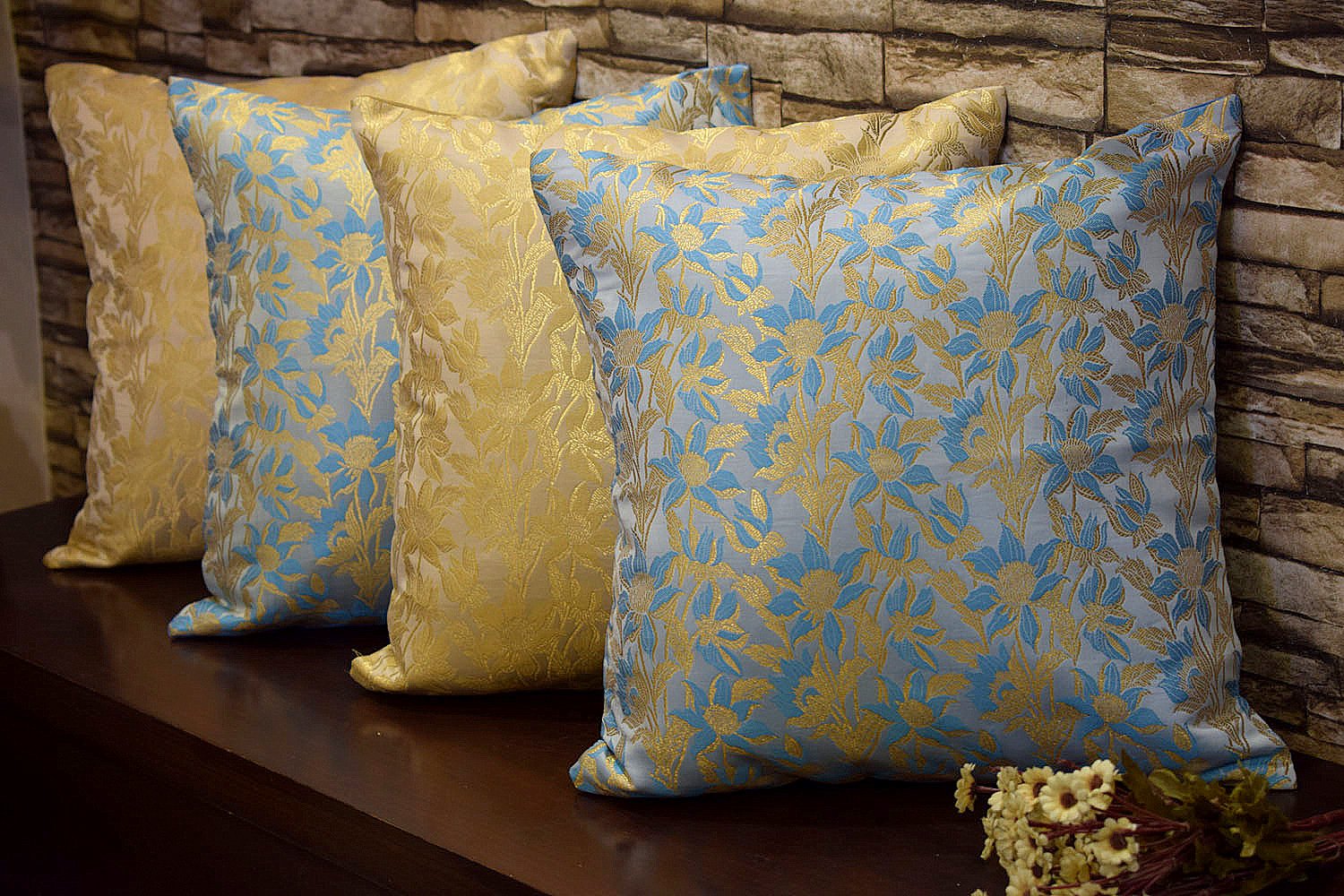 Bageecha Floral Brocade Silk Cushion Covers Combo (Beige & Sky Blue)
