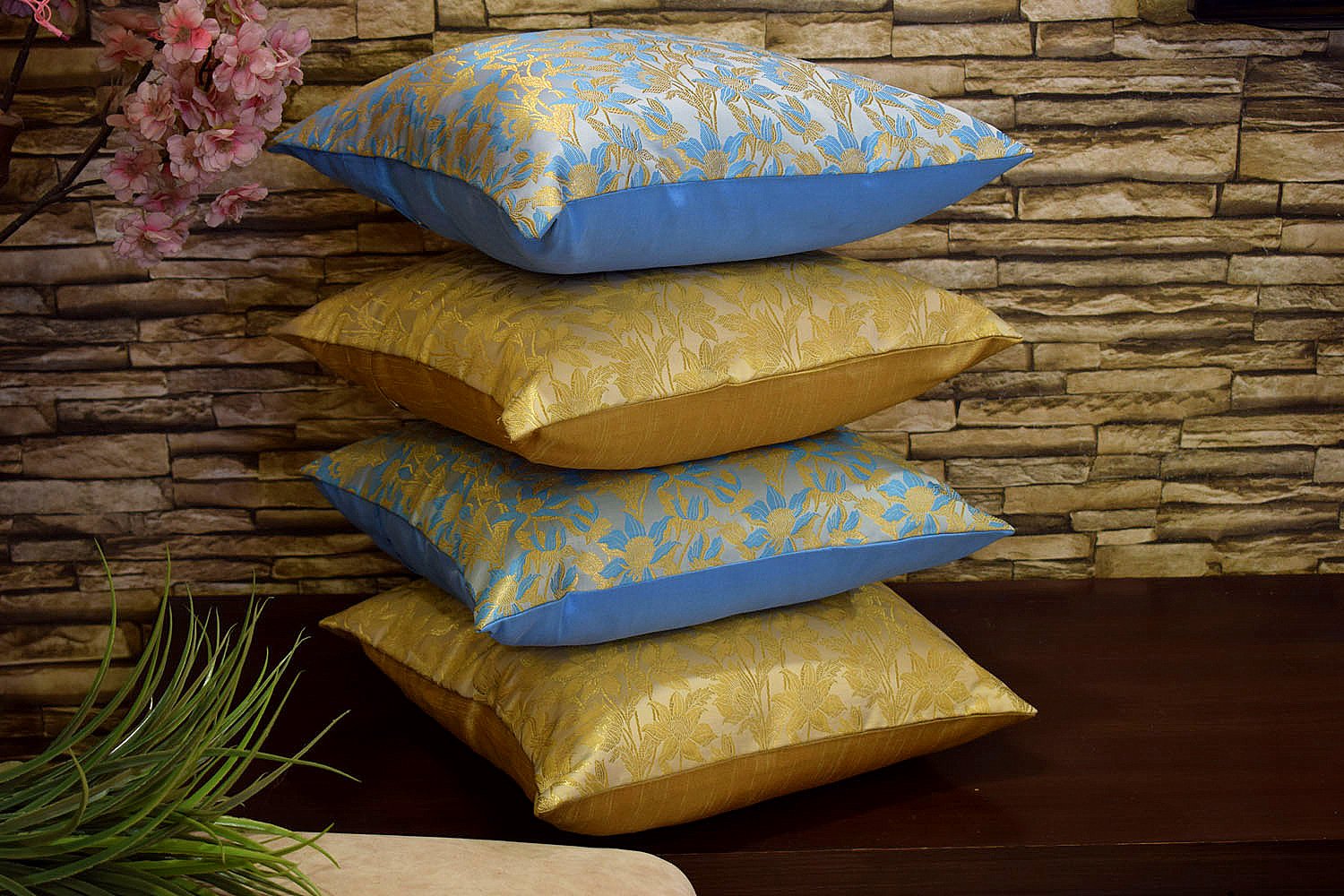 Bageecha Floral Brocade Silk Cushion Covers Combo (Beige & Sky Blue) - Image 2