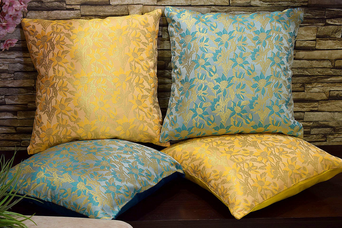 Bageecha Floral Brocade Silk Cushion Covers Combo (Sky Blue & Yellow) - Image 3