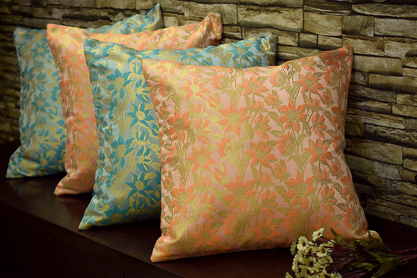Bageecha Floral Brocade Silk Cushion Covers Combo (Peach & Sea Green)