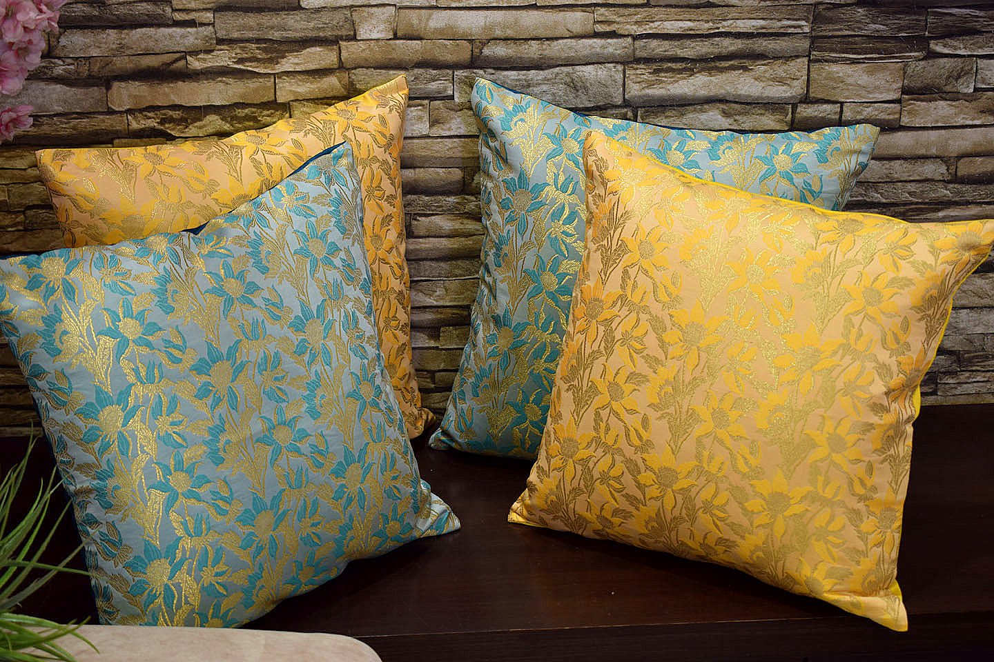Bageecha Floral Brocade Silk Cushion Covers Combo (Sky Blue & Yellow) - Image 4