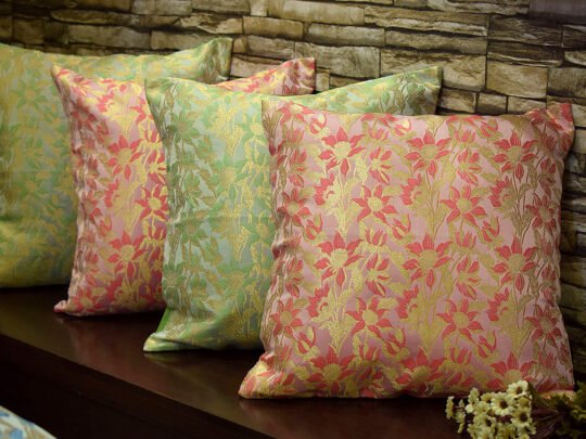 Bageecha Floral Brocade Silk Cushion Covers Combo (Coral & Sage Green)