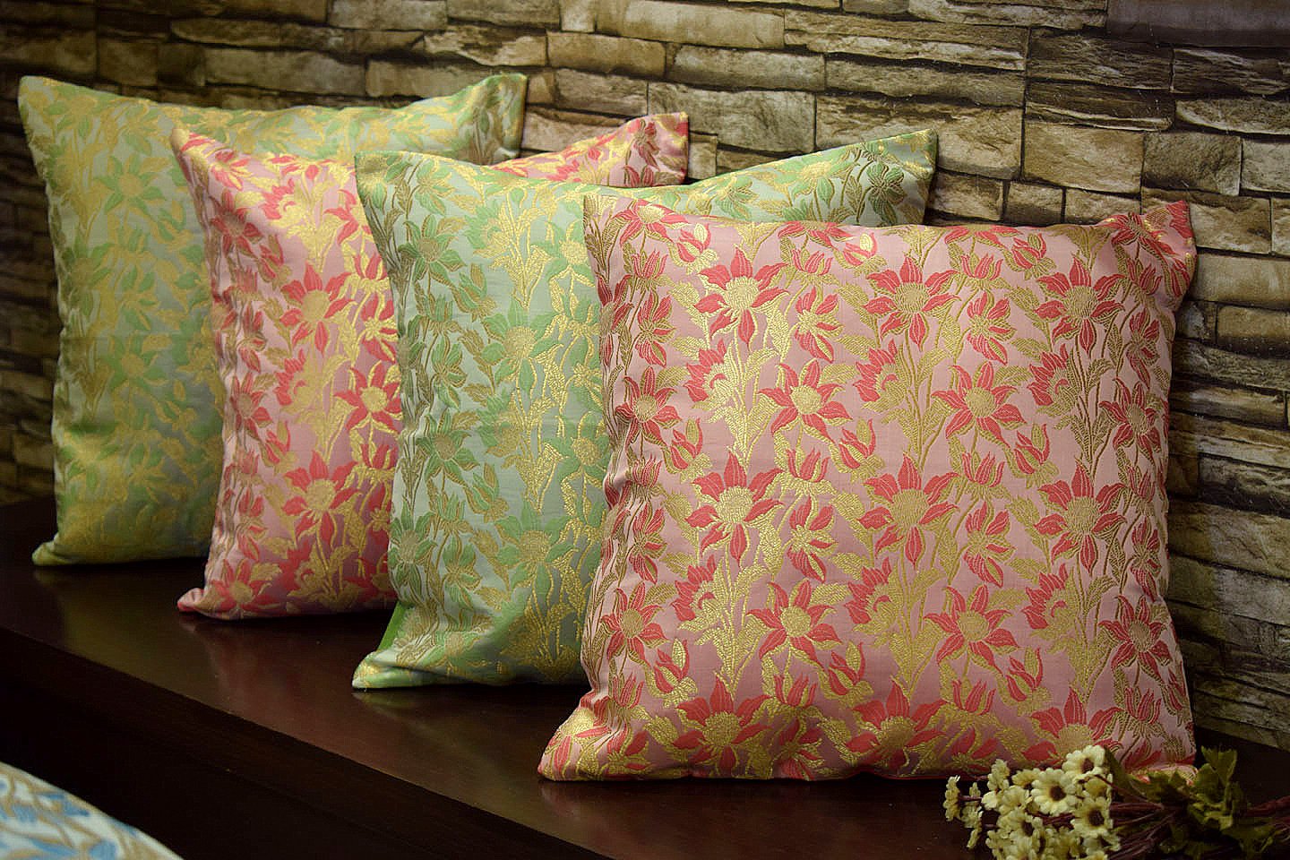 Bageecha Floral Brocade Silk Cushion Covers Combo (Coral & Sage Green)