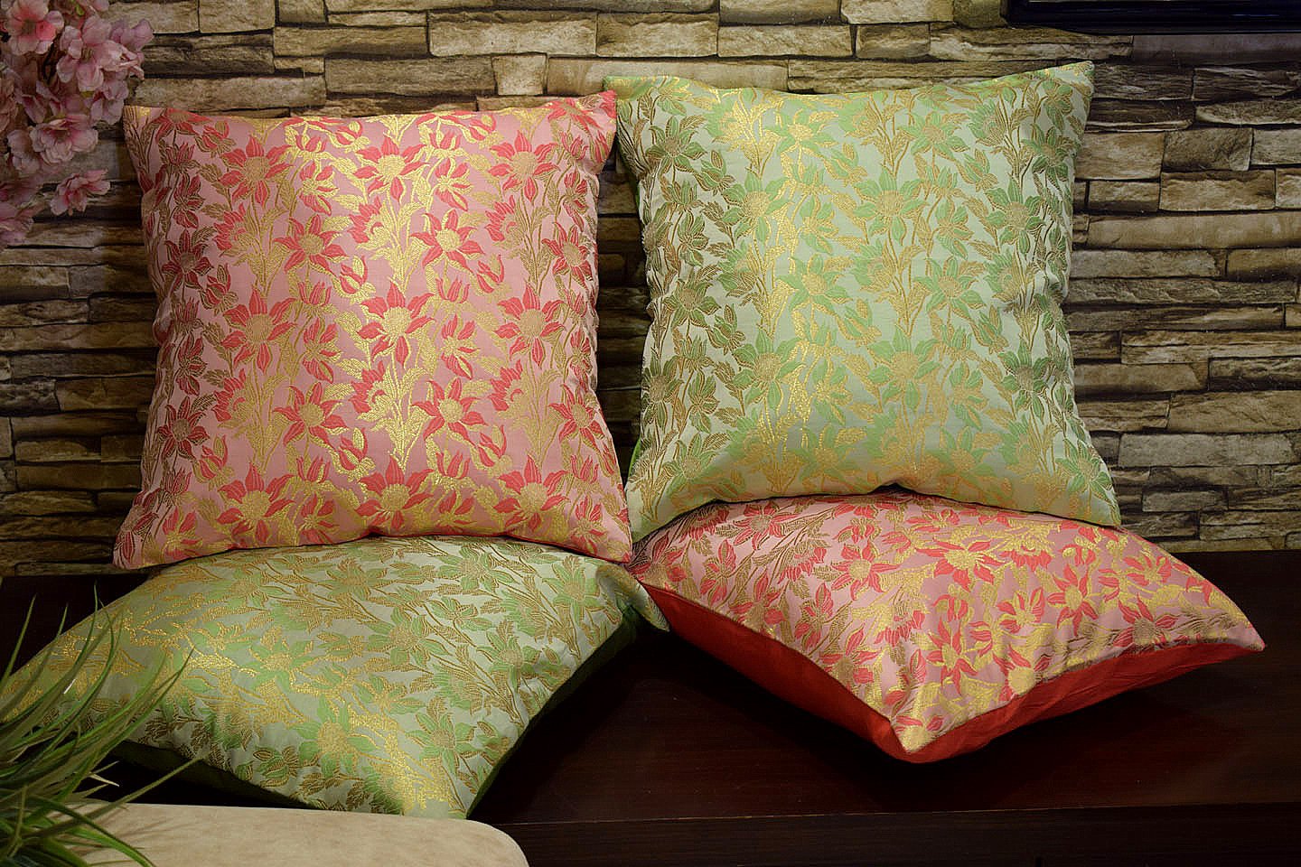 Bageecha Floral Brocade Silk Cushion Covers Combo (Coral & Sage Green) - Image 3