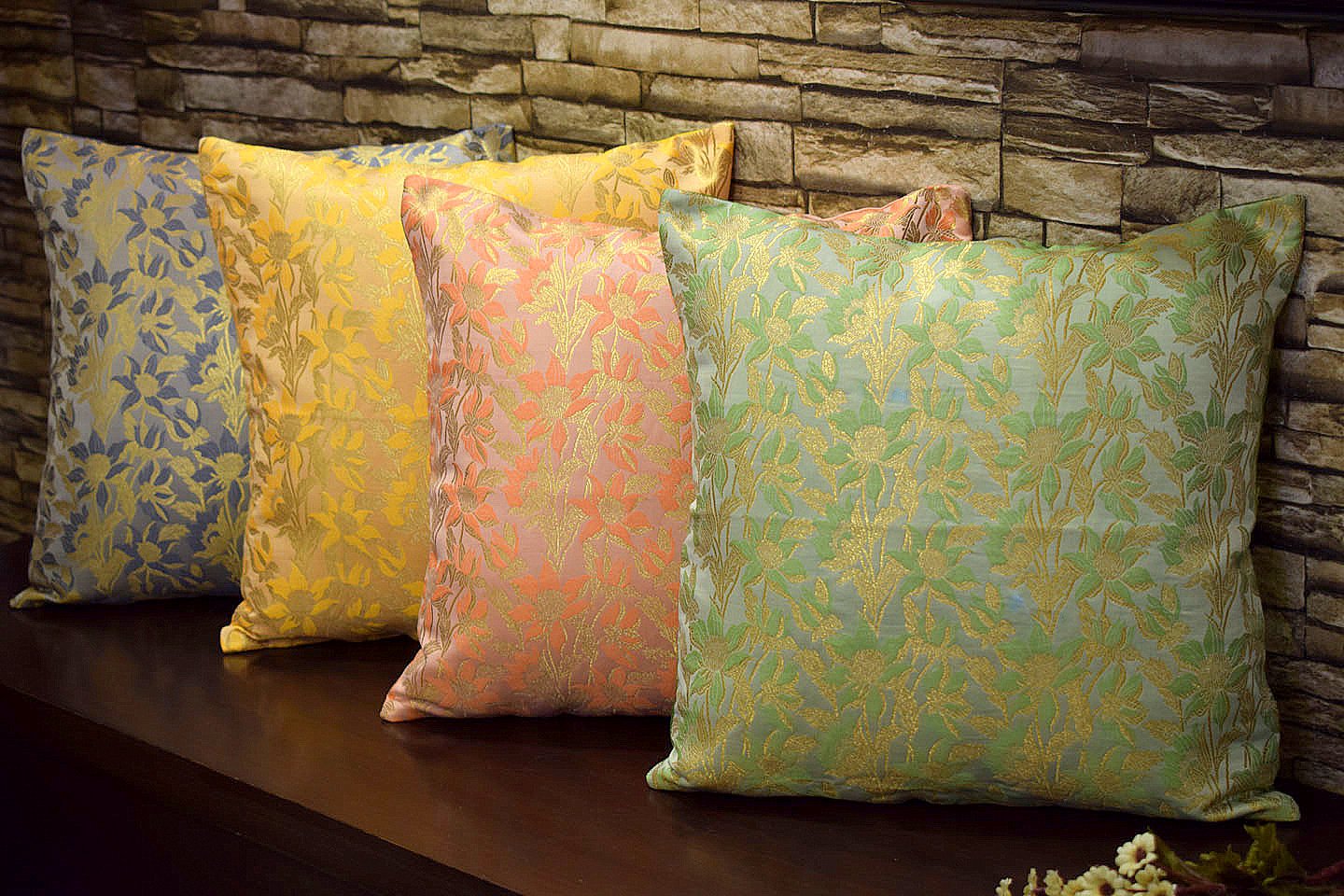 Bageecha Floral Brocade Silk Cushion Covers Combo Multi -1 (Grey, Yellow, Peach, Sage Green)