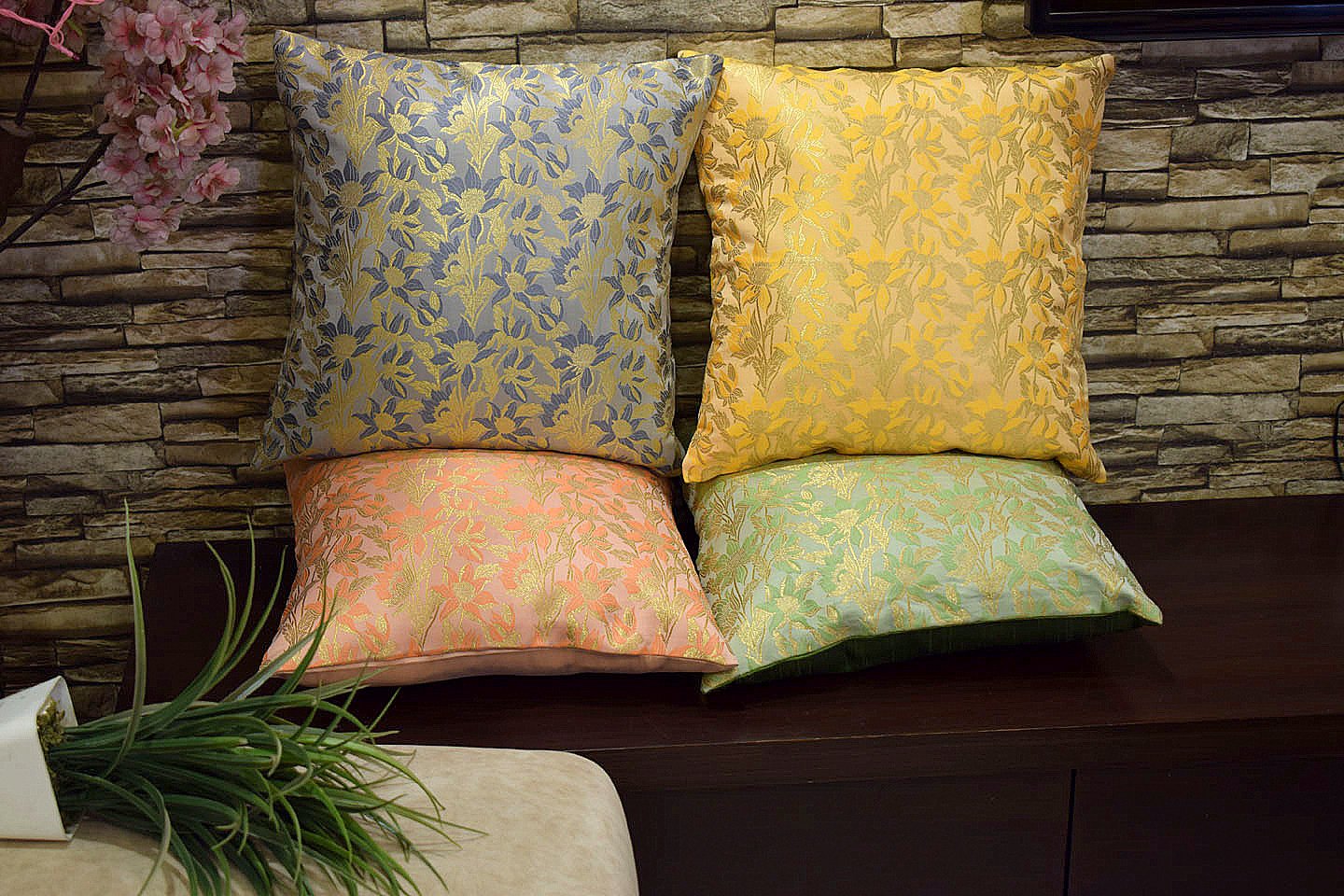 Bageecha Floral Brocade Silk Cushion Covers Combo Multi -1 (Grey, Yellow, Peach, Sage Green) - Image 3