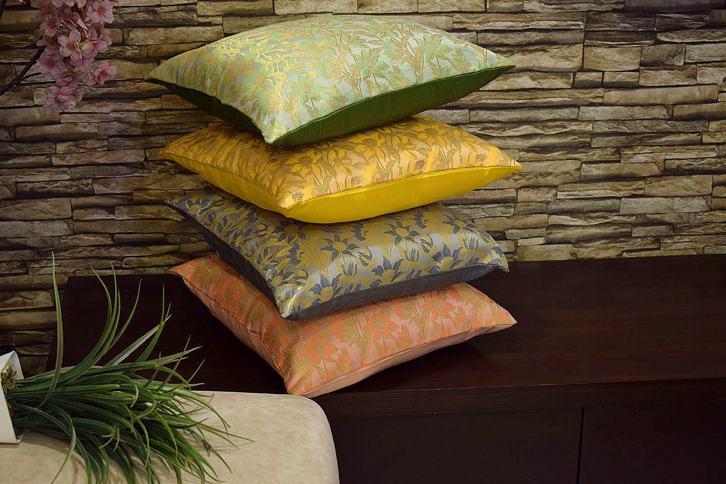 Bageecha Floral Brocade Silk Cushion Covers Combo Multi -1 (Grey, Yellow, Peach, Sage Green) - Image 4