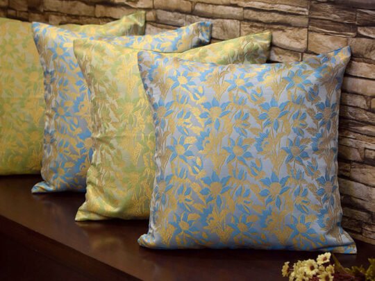 Bageecha Floral Brocade Silk Cushion Covers Combo (Sage Green & Sky Blue)
