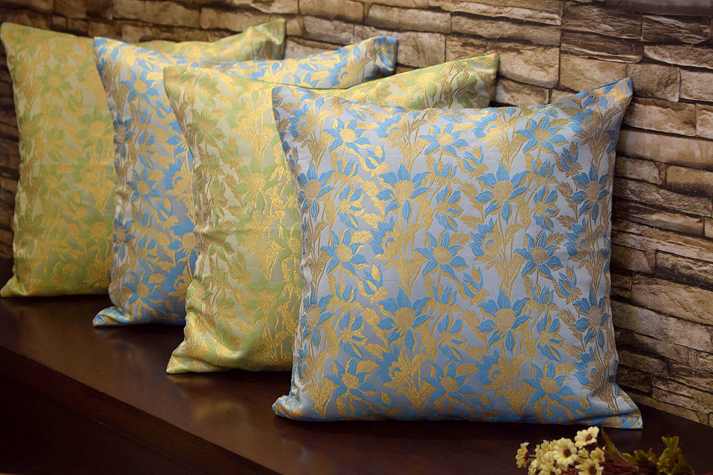 Bageecha Floral Brocade Silk Cushion Covers Combo (Sage Green & Sky Blue)