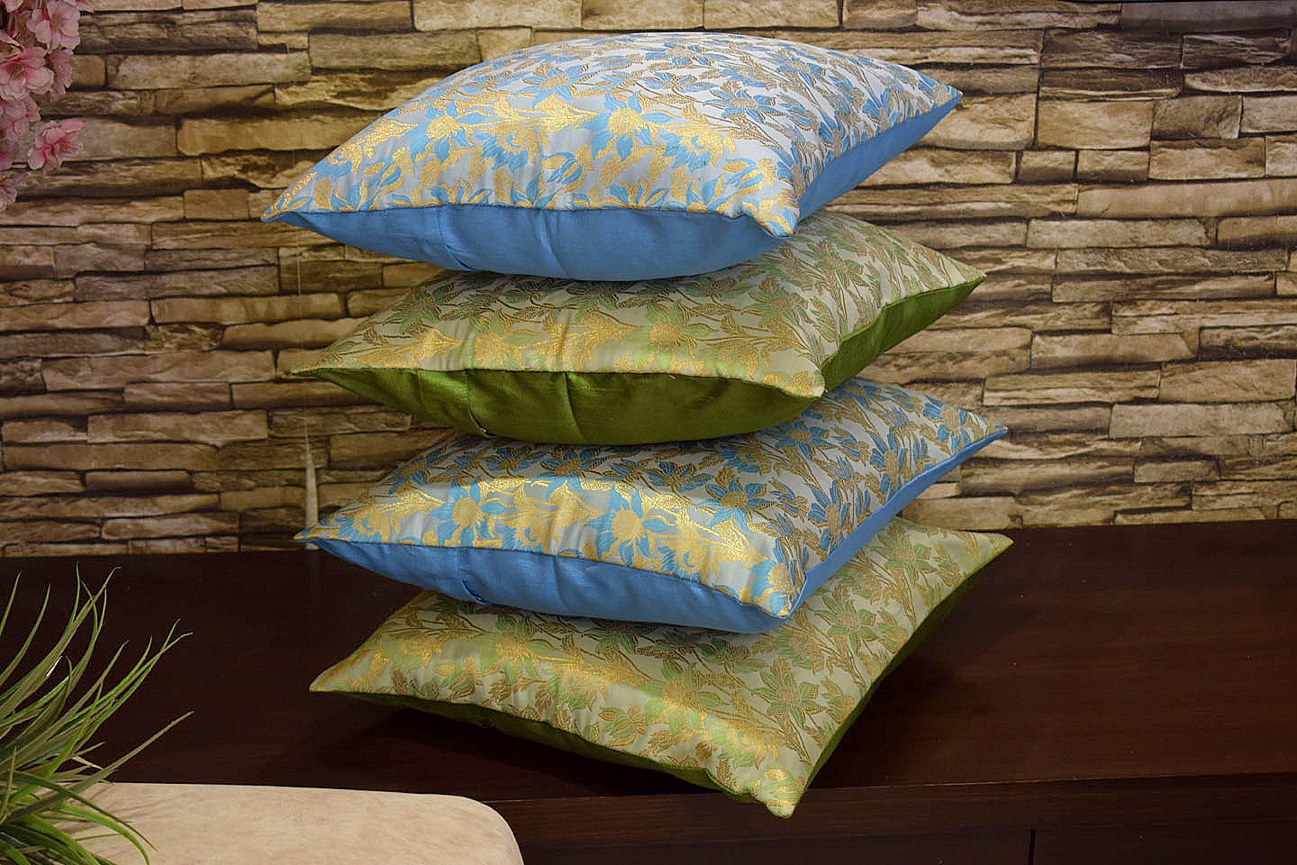 Bageecha Floral Brocade Silk Cushion Covers Combo (Sage Green & Sky Blue) - Image 2
