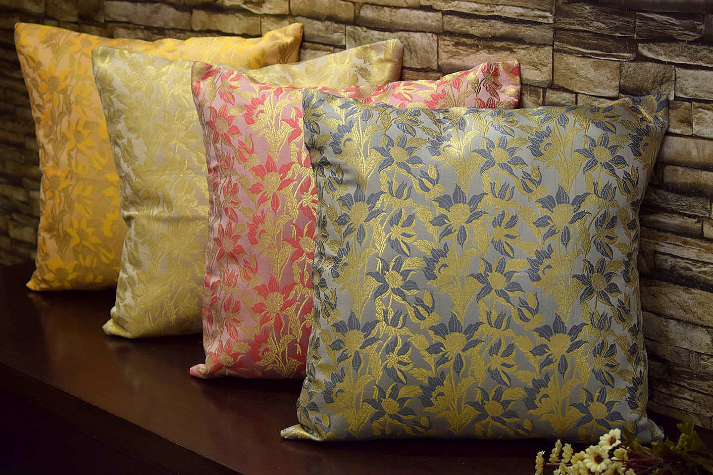 Bageecha Floral Brocade Silk Cushion Covers Combo Multi -3 (Yellow, Beige, Coral, Grey)