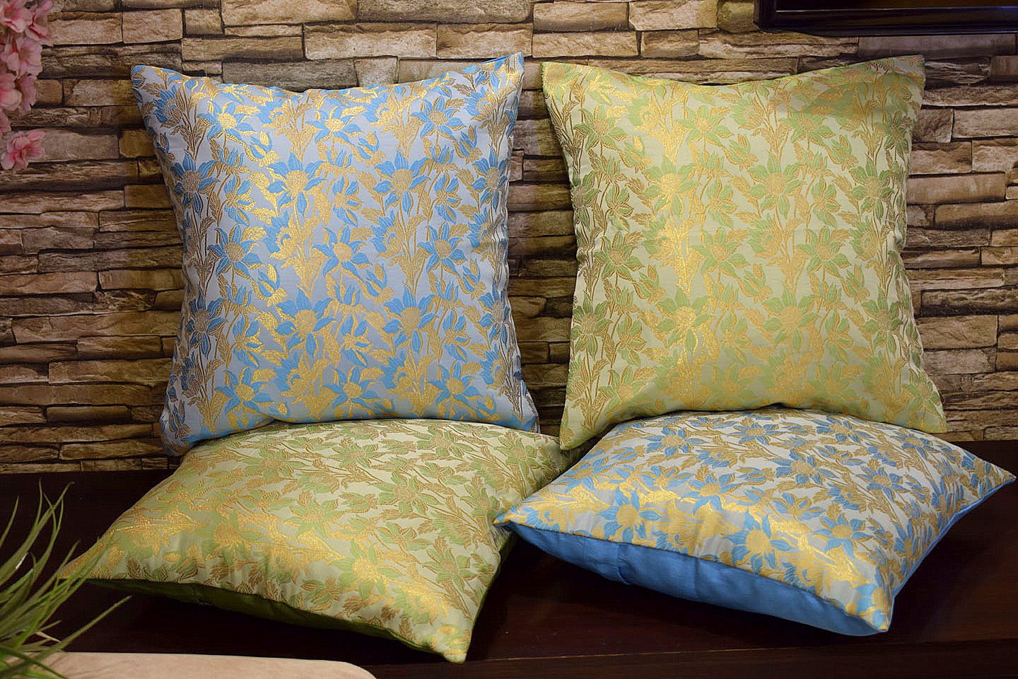 Bageecha Floral Brocade Silk Cushion Covers Combo (Sage Green & Sky Blue) - Image 3