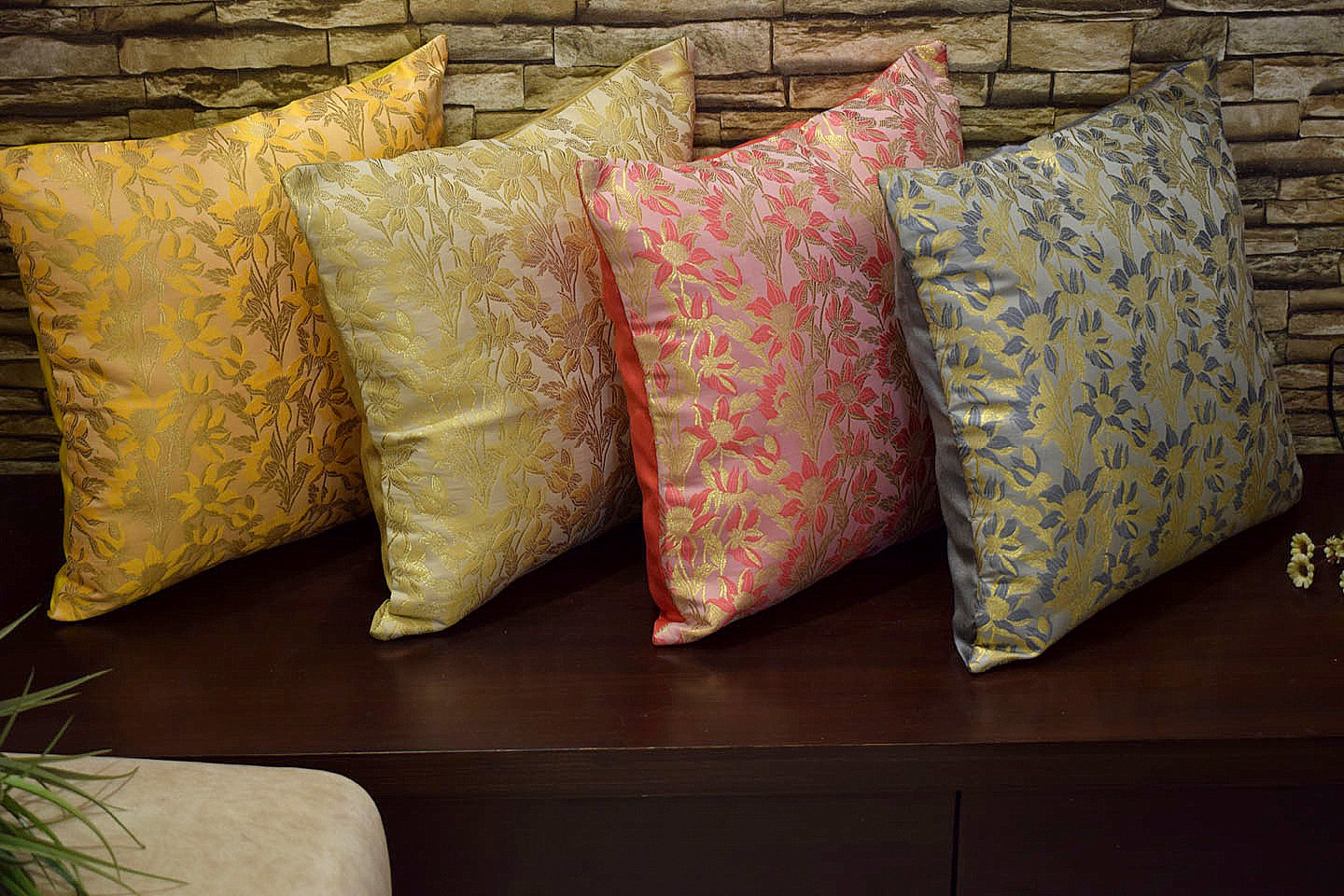 Bageecha Floral Brocade Silk Cushion Covers Combo Multi -3 (Yellow, Beige, Coral, Grey) - Image 2