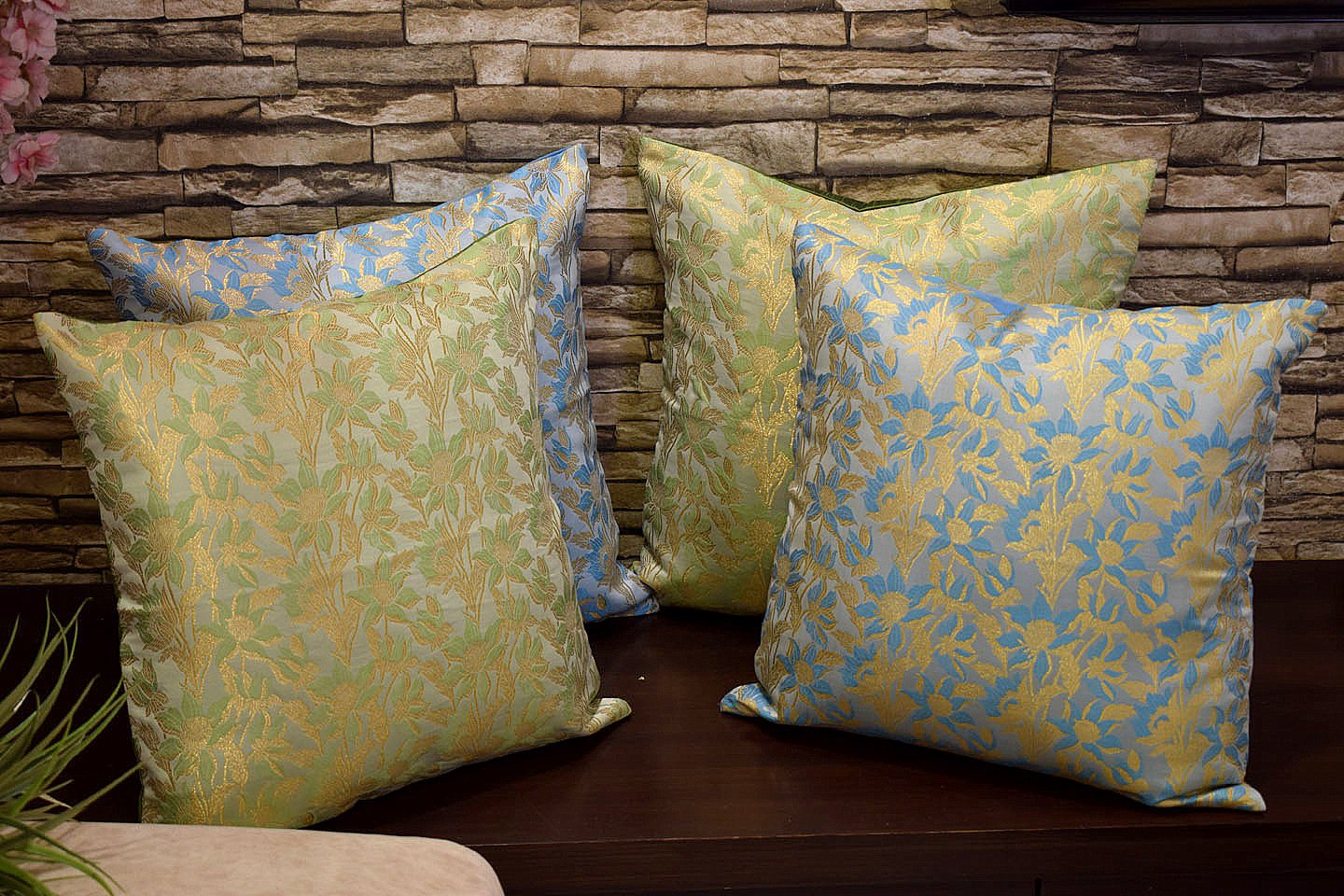 Bageecha Floral Brocade Silk Cushion Covers Combo (Sage Green & Sky Blue) - Image 4