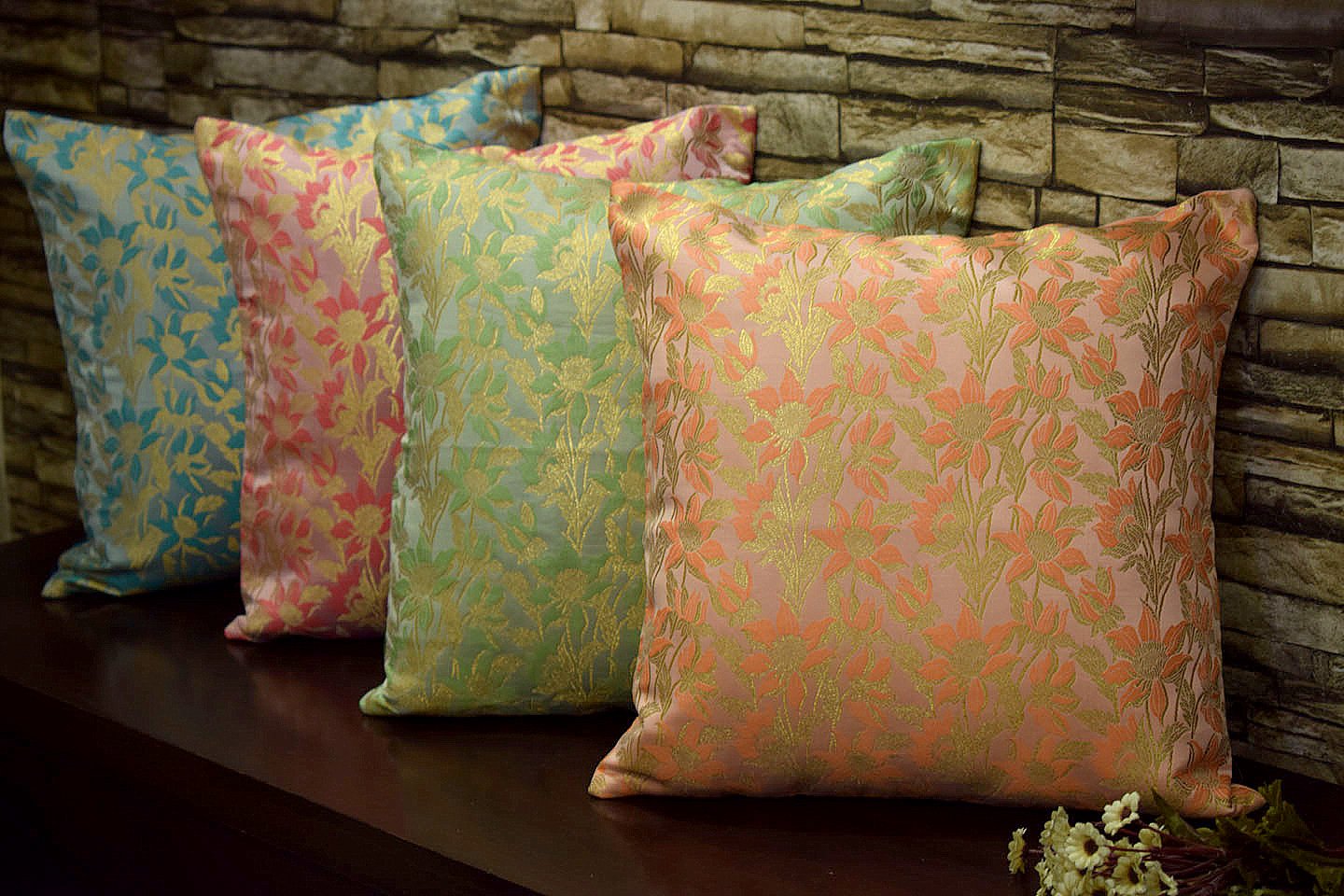 Bageecha Floral Brocade Silk Cushion Covers Combo Multi -4 (Sky Blue, Coral, Sage Green, Peach)