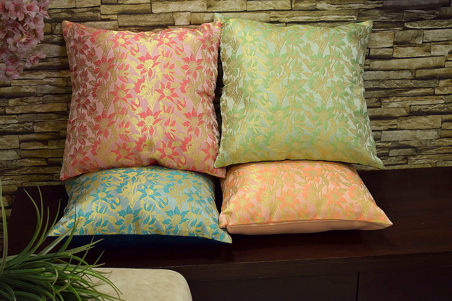 Bageecha Floral Brocade Silk Cushion Covers Combo Multi -4 (Sky Blue, Coral, Sage Green, Peach) - Image 3