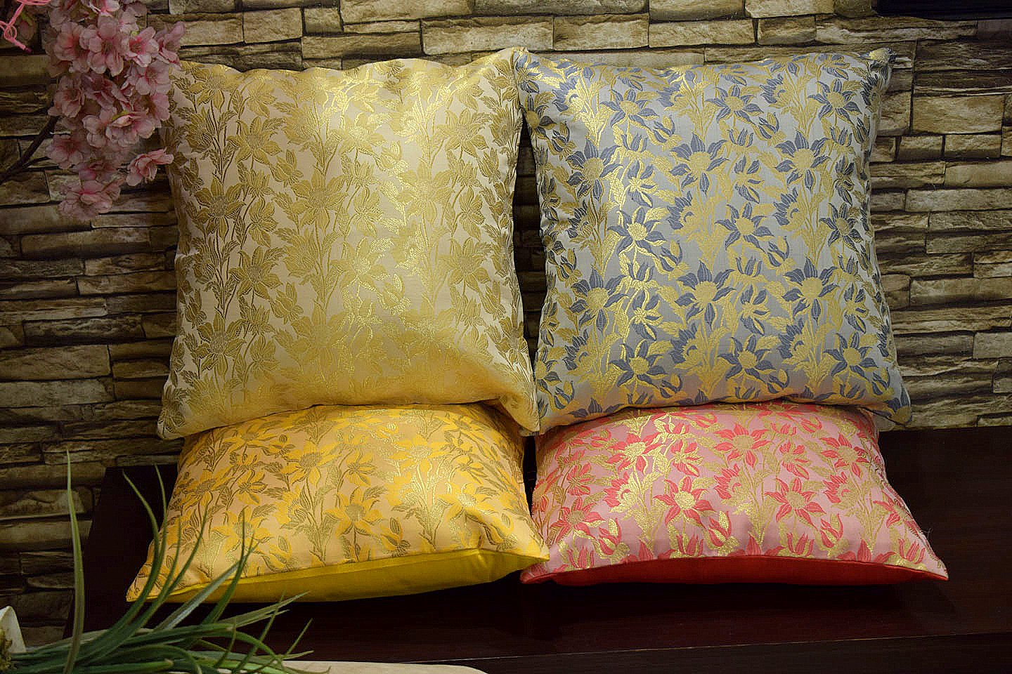 Bageecha Floral Brocade Silk Cushion Covers Combo Multi -3 (Yellow, Beige, Coral, Grey) - Image 4