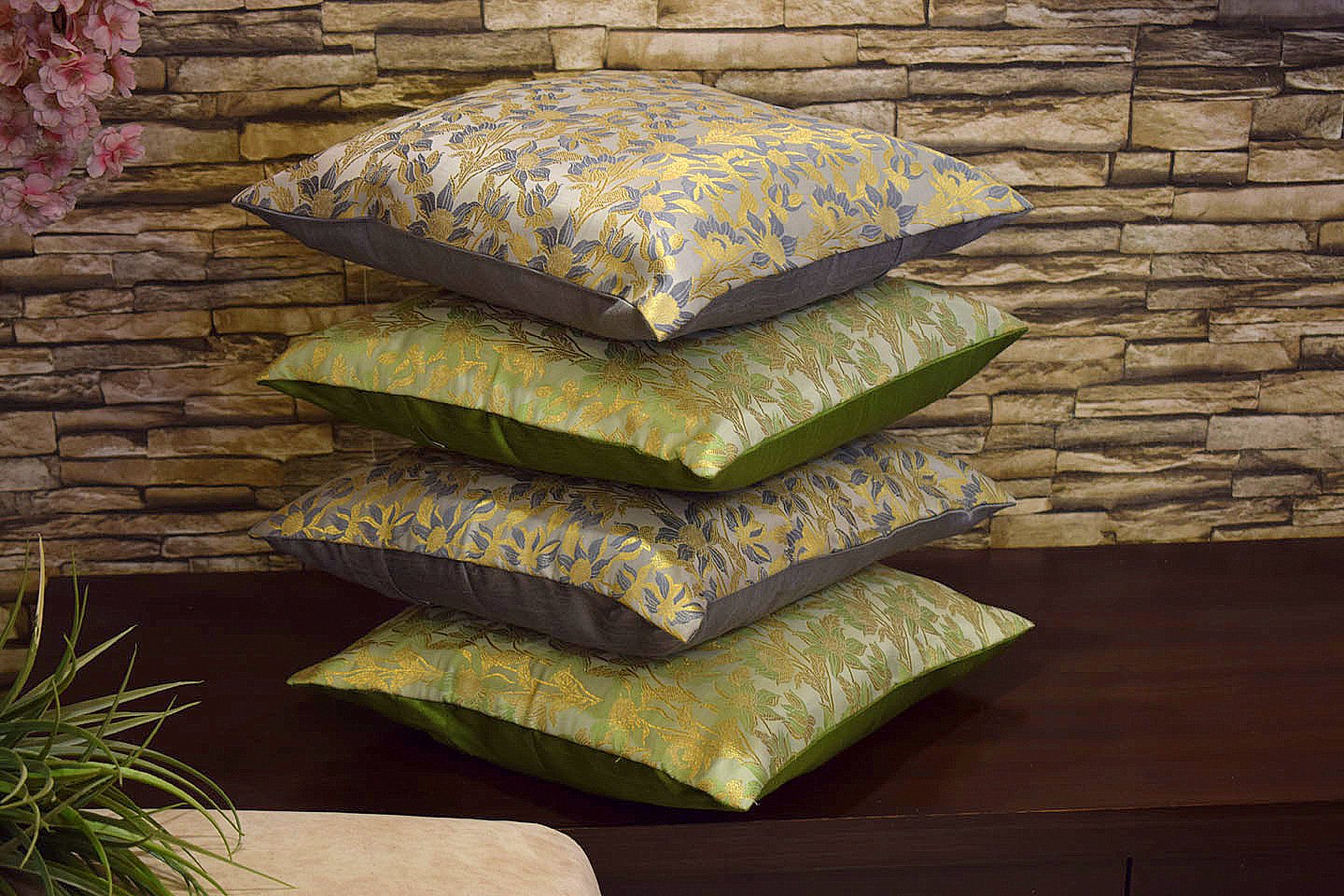 Bageecha Floral Brocade Silk Cushion Covers Combo (Sage Green & Grey) - Image 2