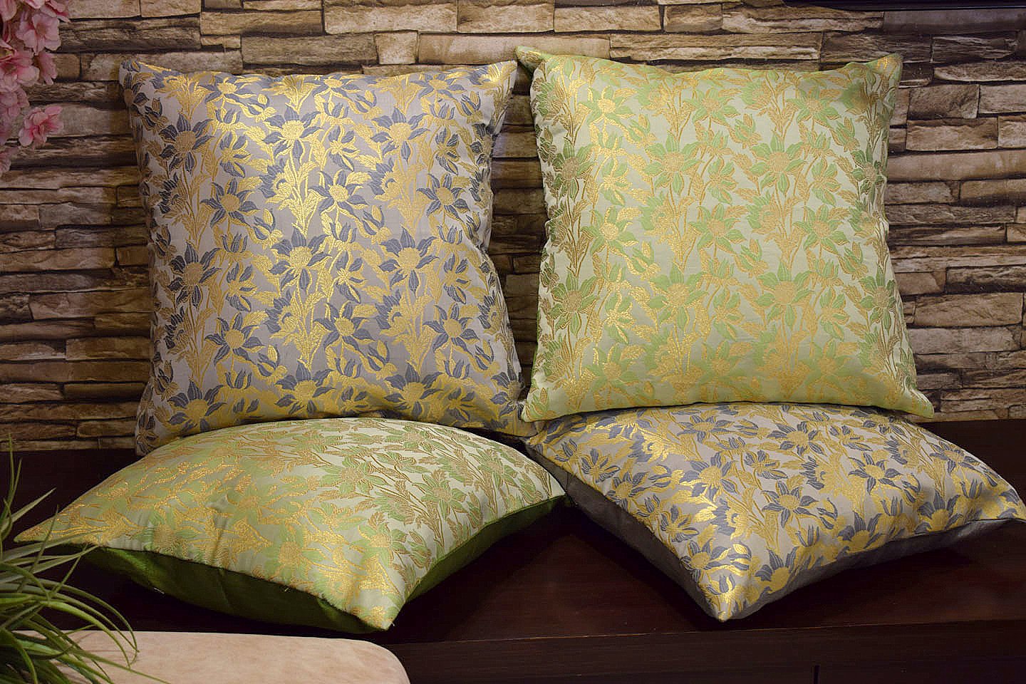 Bageecha Floral Brocade Silk Cushion Covers Combo (Sage Green & Grey) - Image 3