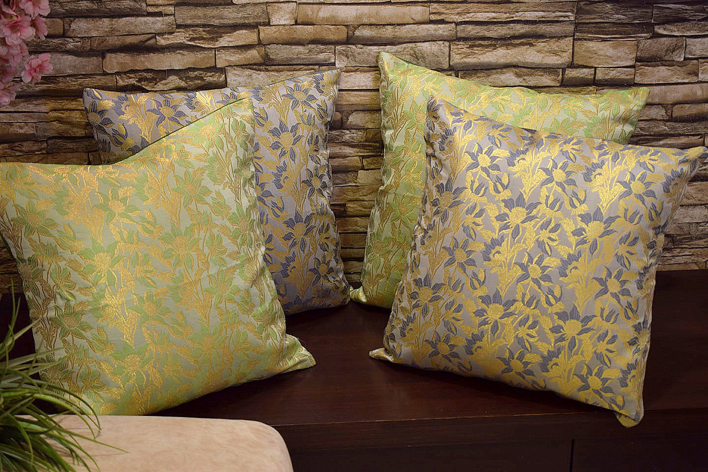 Bageecha Floral Brocade Silk Cushion Covers Combo (Sage Green & Grey) - Image 4