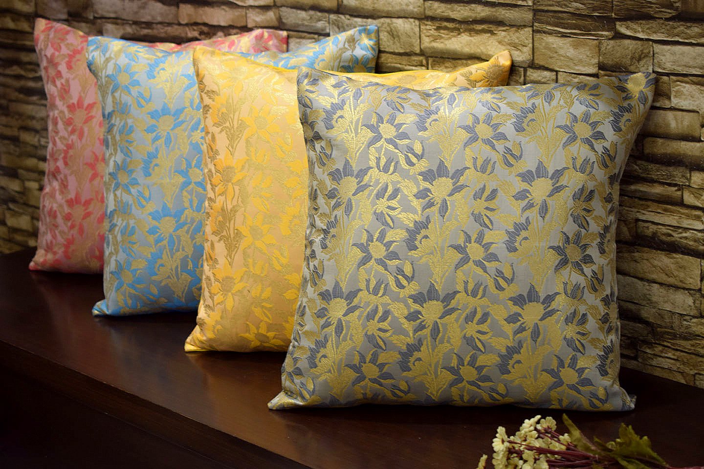 Bageecha Floral Brocade Silk Cushion Covers Combo Multi -6 (Coral, Sky Blue, Yellow, Grey)