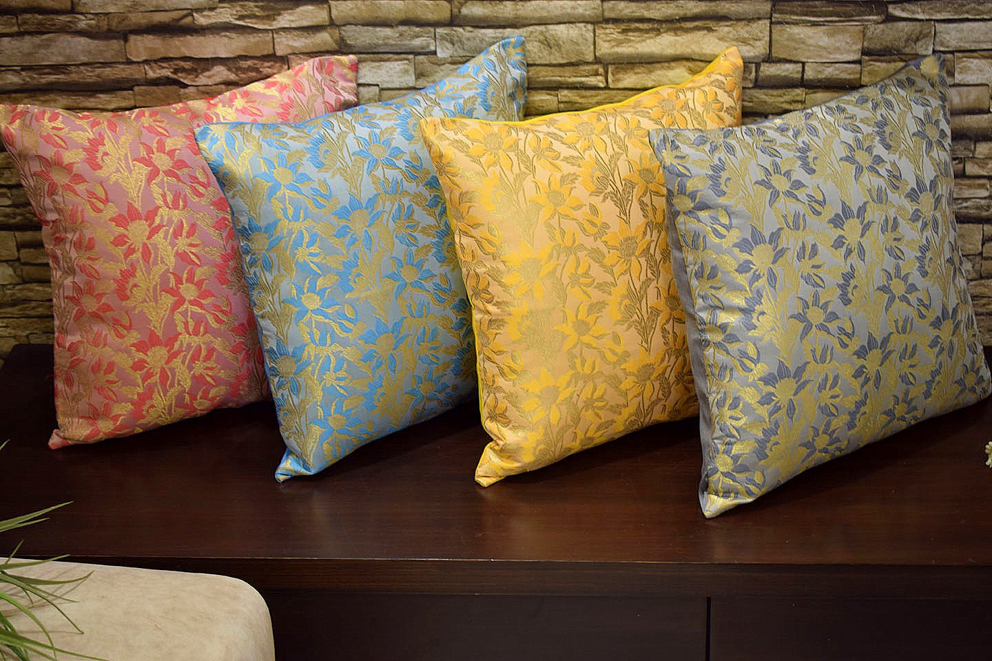 Bageecha Floral Brocade Silk Cushion Covers Combo Multi -6 (Coral, Sky Blue, Yellow, Grey) - Image 2