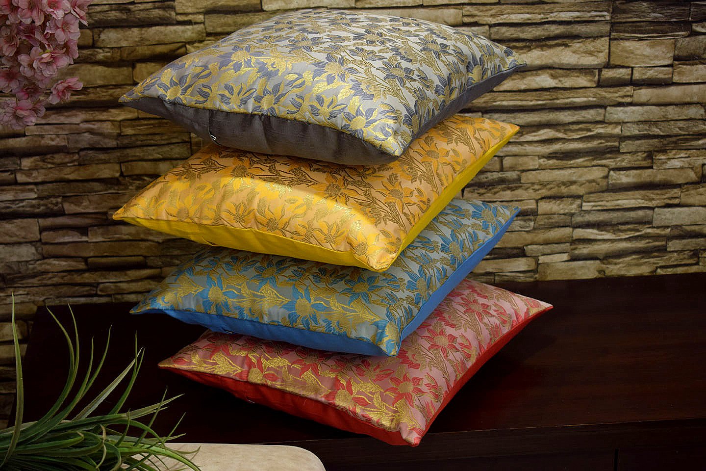 Bageecha Floral Brocade Silk Cushion Covers Combo Multi -6 (Coral, Sky Blue, Yellow, Grey) - Image 3