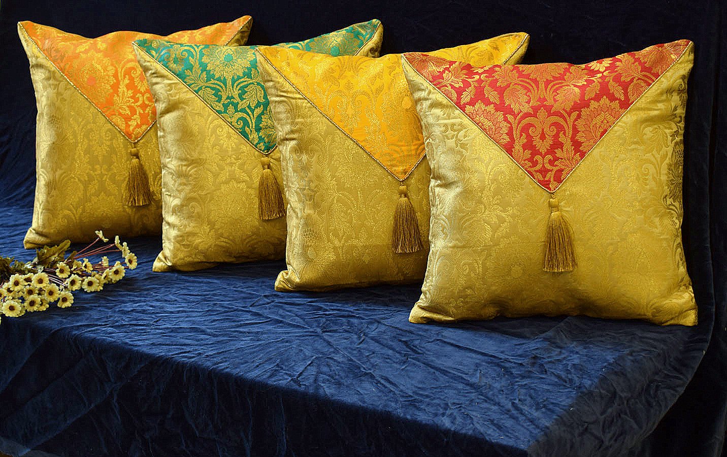 Jashan-E-Mehrang Cushion Covers Combo Multi-1 (Red, Yellow, Turquoise Green & Orange)