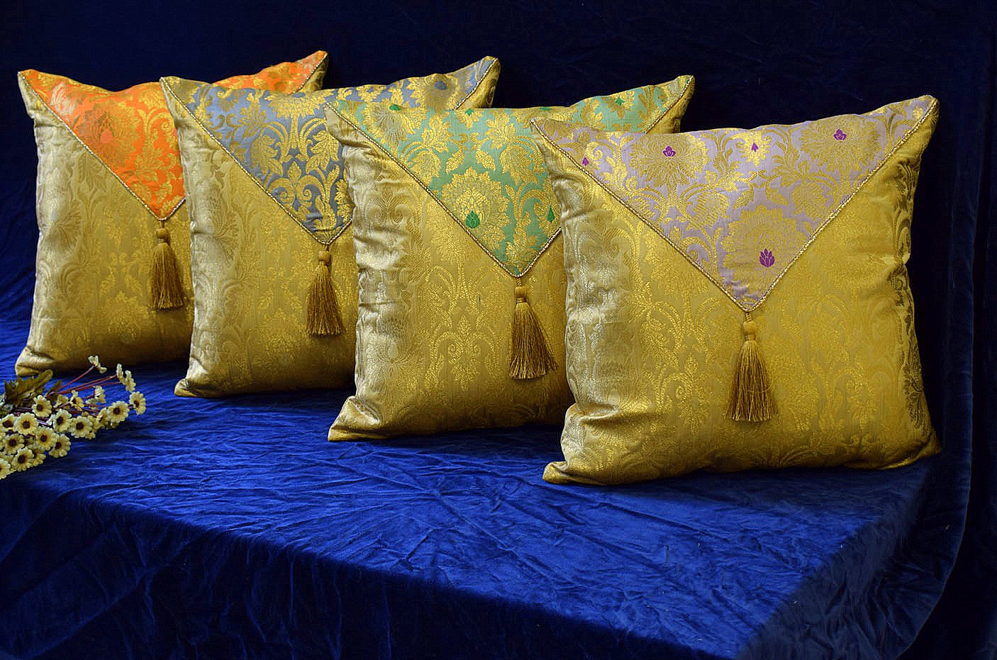 Jashan-E-Mehrang Cushion Covers Combo Multi-2 (Lavender, Sage Green, Grey & Orange)