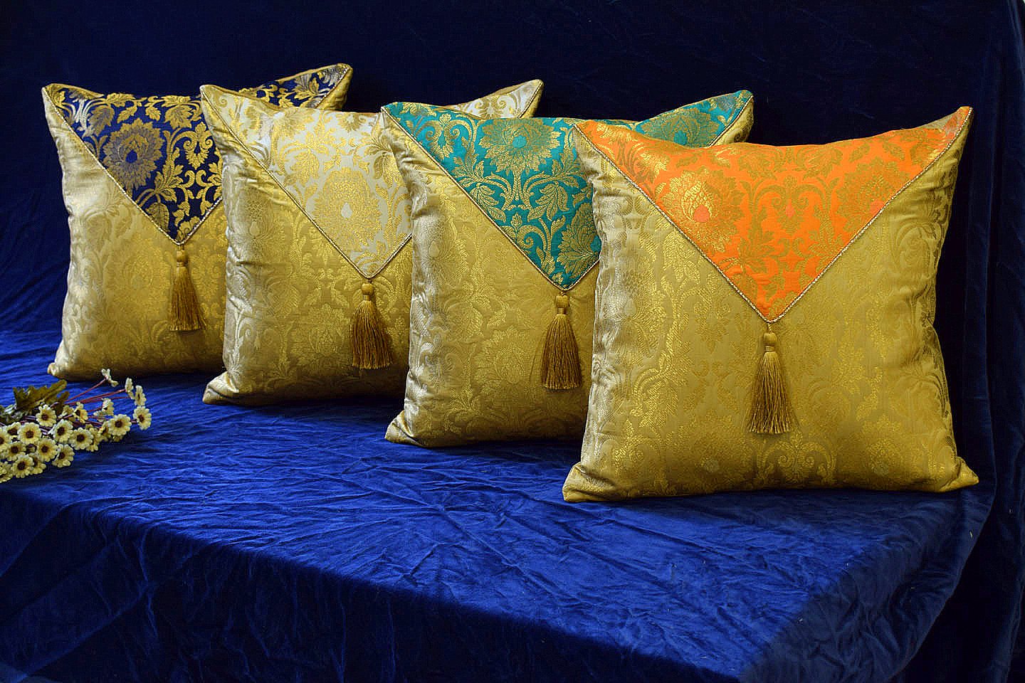 Jashan-E-Mehrang Cushion Covers Combo Multi-3 (Orange, Turquoise Green, White, Navy Blue)