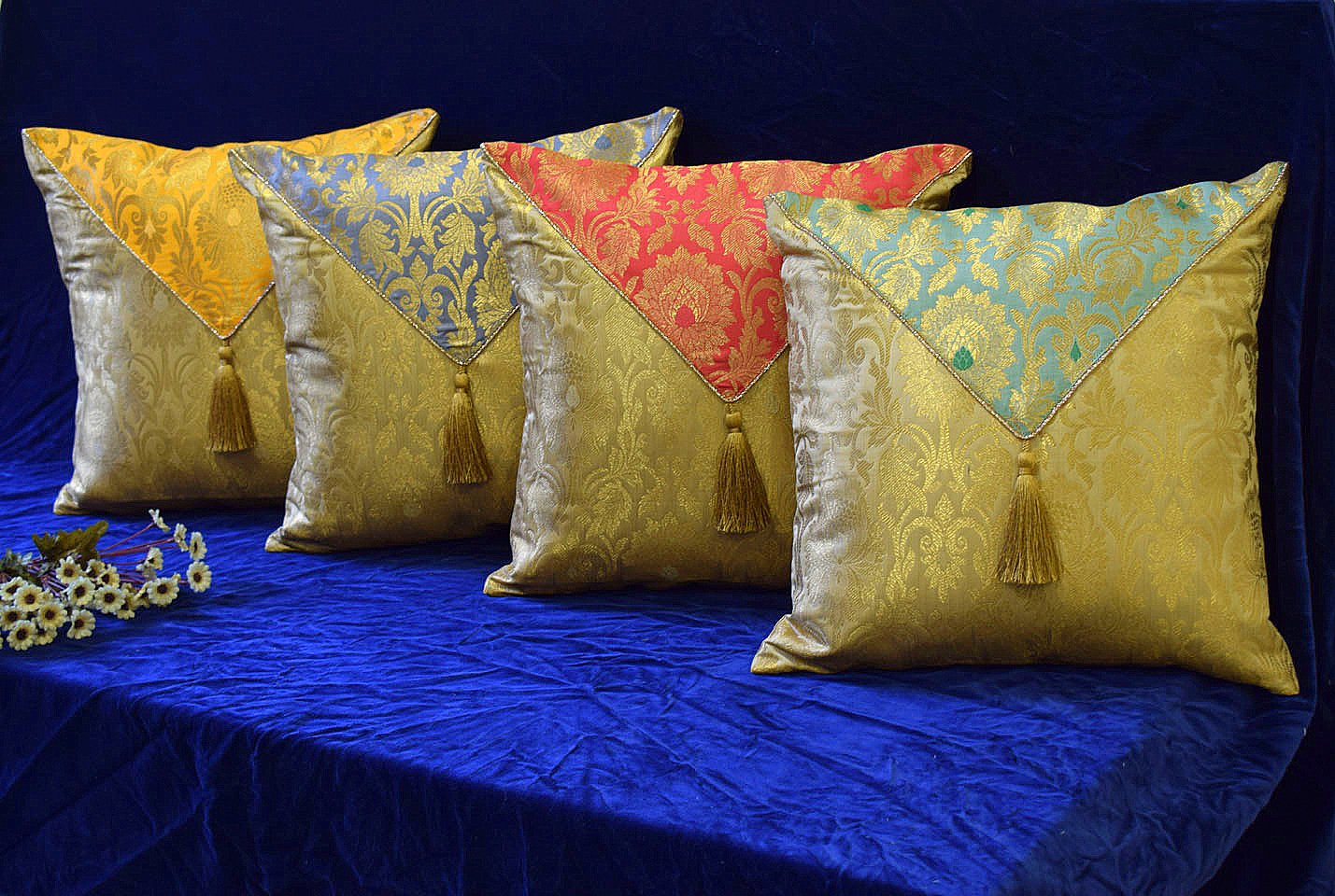 Jashan-E-Mehrang Cushion Covers Combo Multi-4 (Sage Green, Coral, Grey, Yellow)