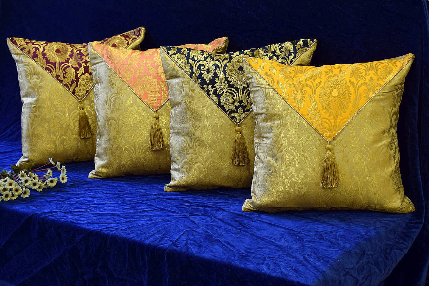 Jashan-E-Mehrang Cushion Covers Combo Multi-5 (Yellow, Black, Peach, Wine)