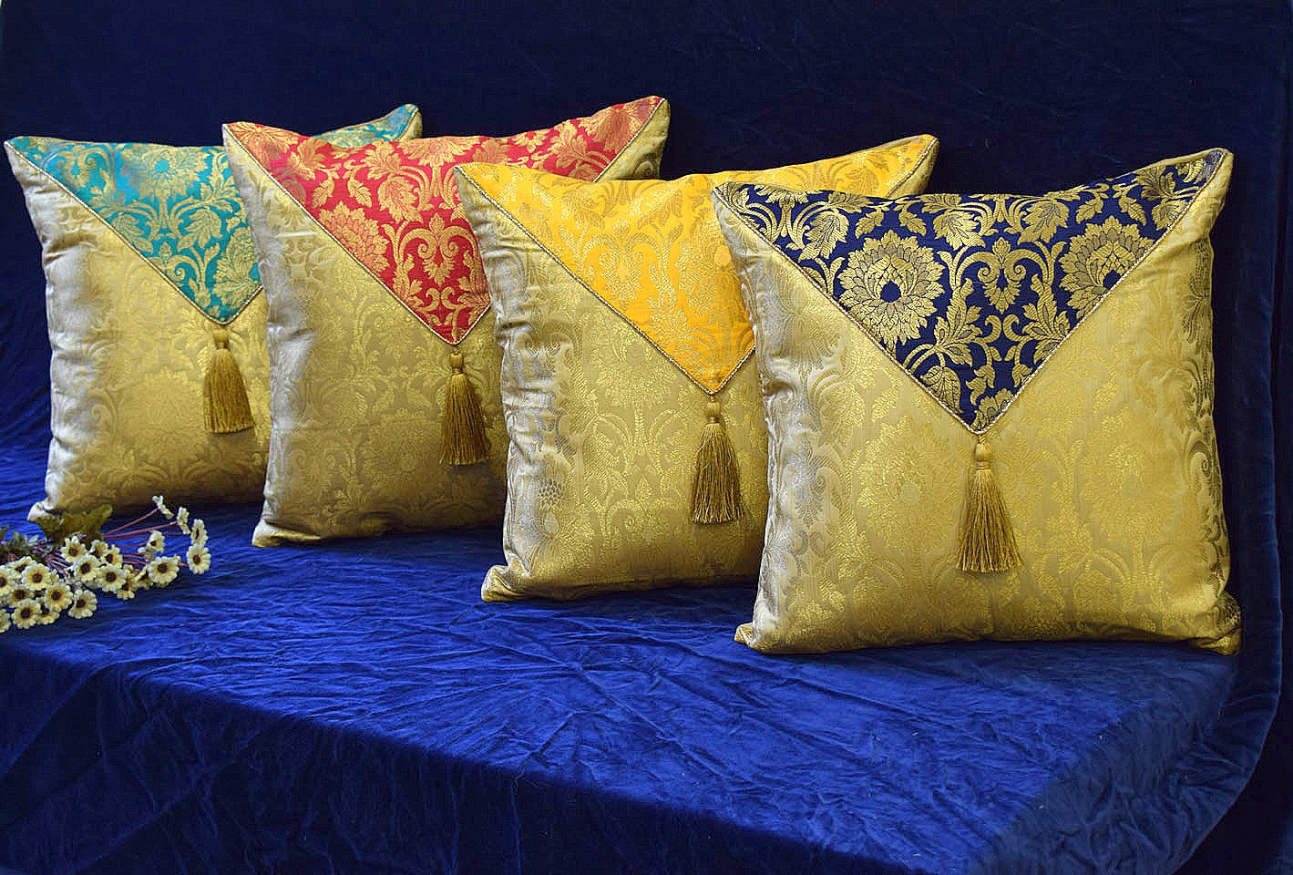 Jashan-E-Mehrang Cushion Covers Combo Multi-6 (Navy Blue, Yellow, Red, Turquoise Green)