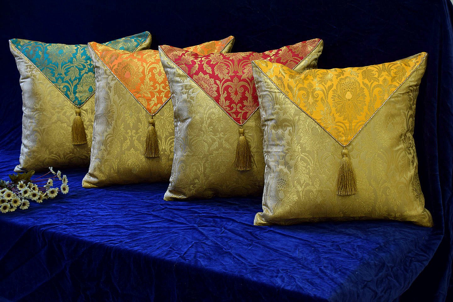 Jashan-E-Mehrang Cushion Covers Combo Multi-7 (Yellow, Red, Orange, Turquoise Green)