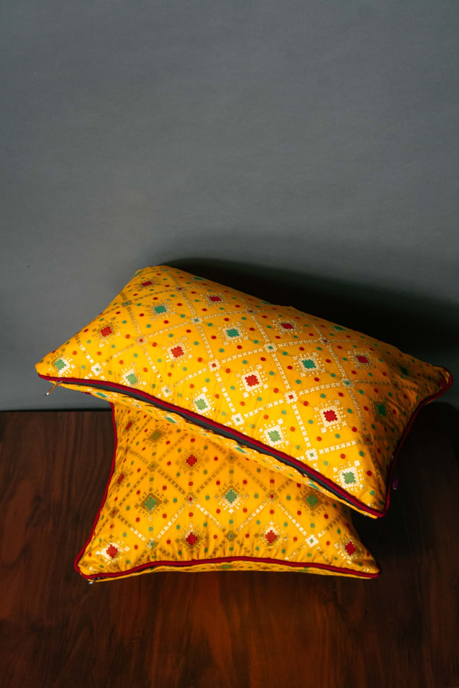 Mesmerizing Yellow Bandhani Brocade Beauty Cushion Covers - Image 4