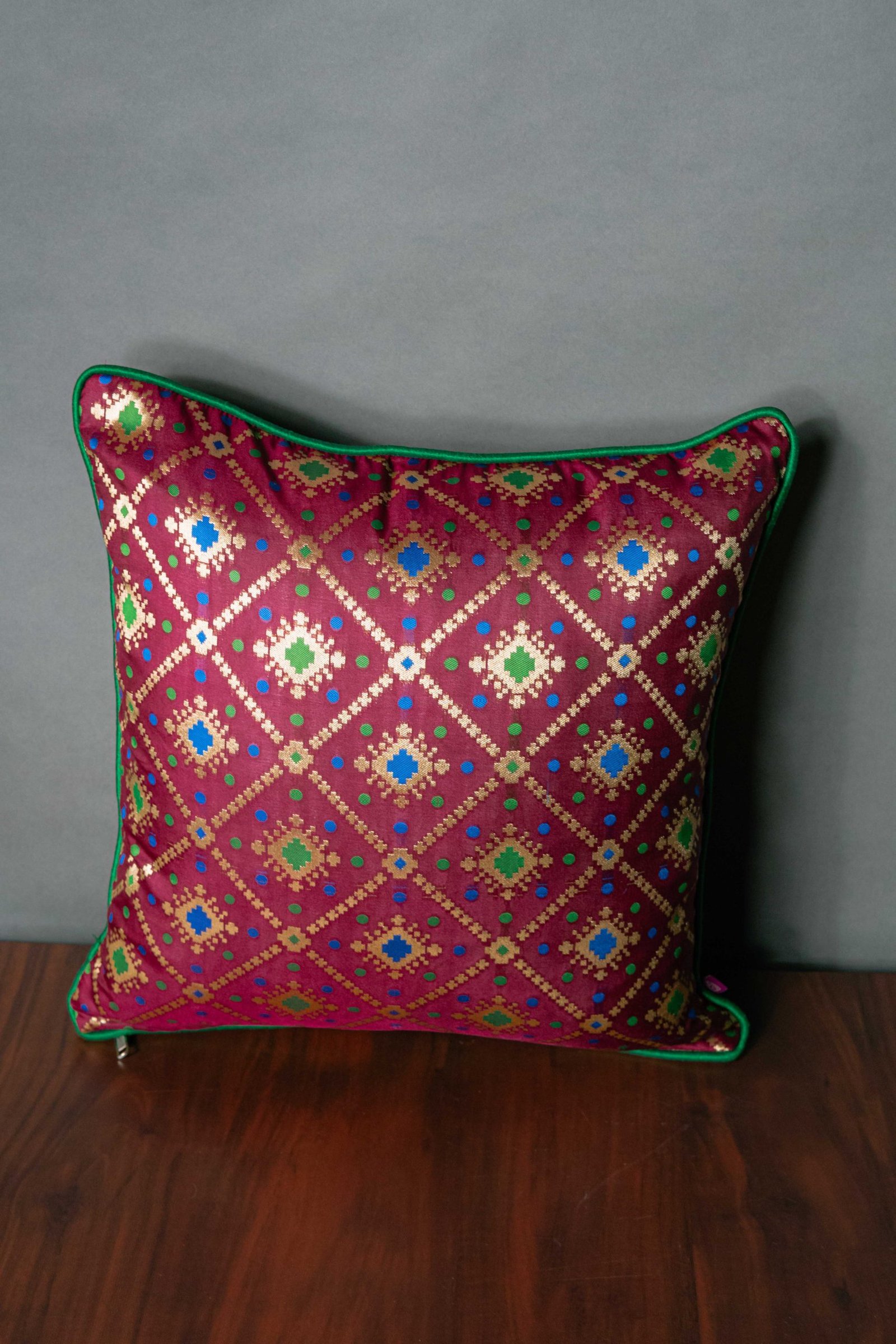 Mesmerizing Colors of Assorted Bandhani Brocade Beauty Cushion Covers (Wine-Green Combo) - Image 5