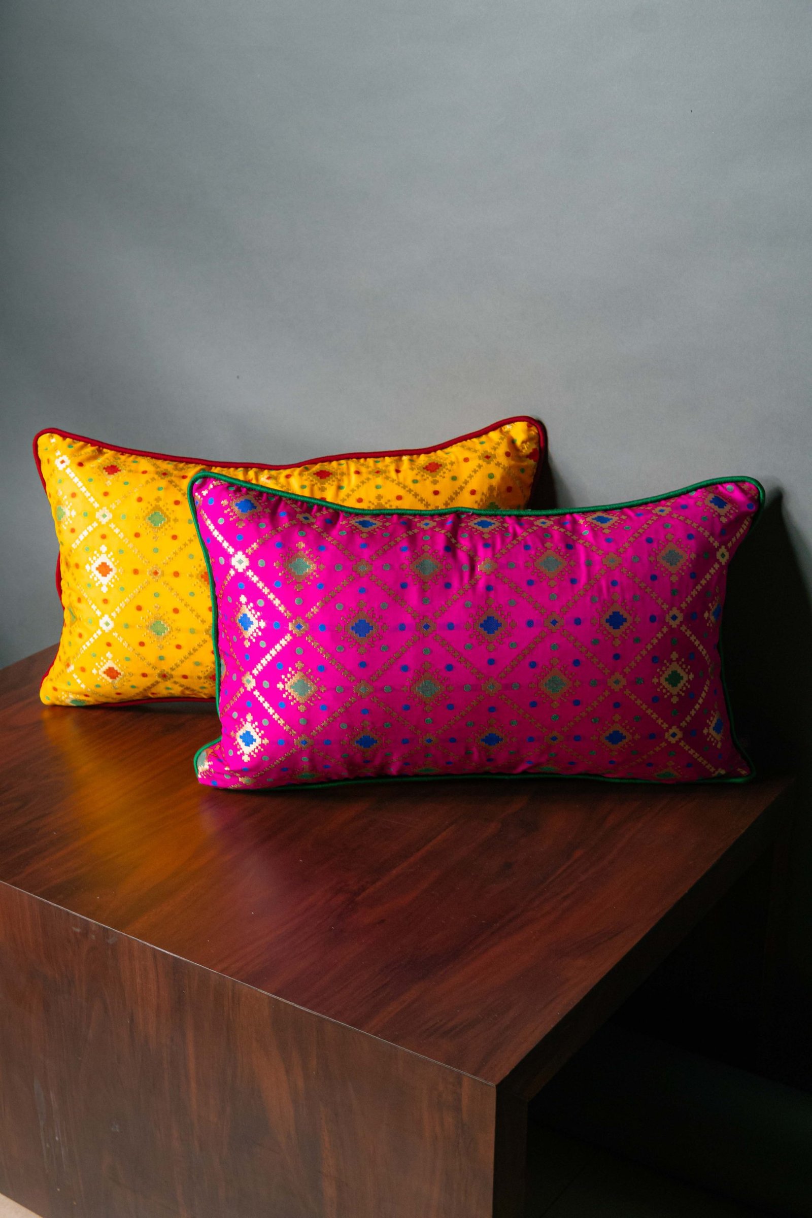 Mesmerizing Colors of Assorted Bandhani Brocade Beauty Rectangular Cushion Covers (Yellow-Pink Combo)
