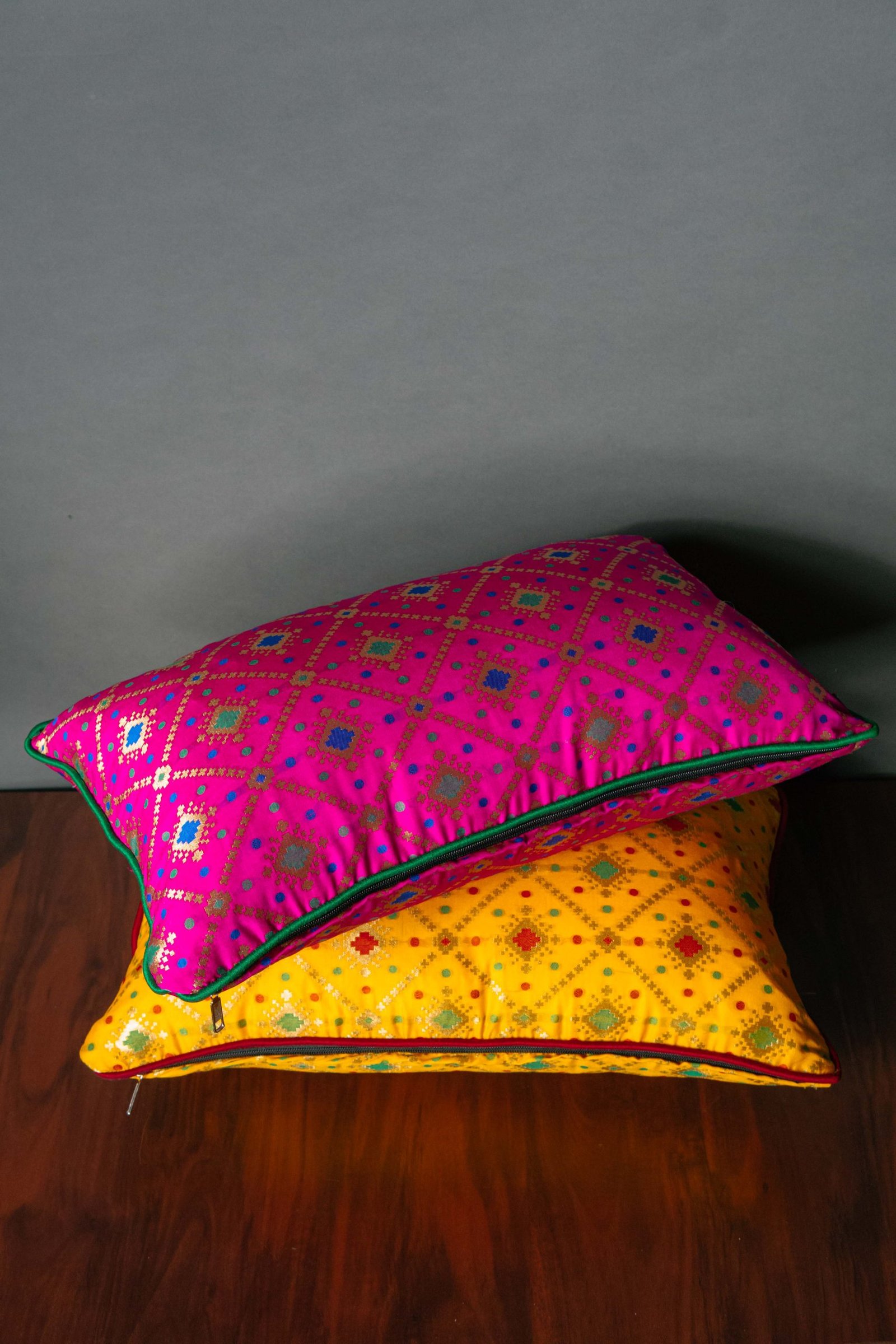 Mesmerizing Colors of Assorted Bandhani Brocade Beauty Rectangular Cushion Covers (Yellow-Pink Combo) - Image 2