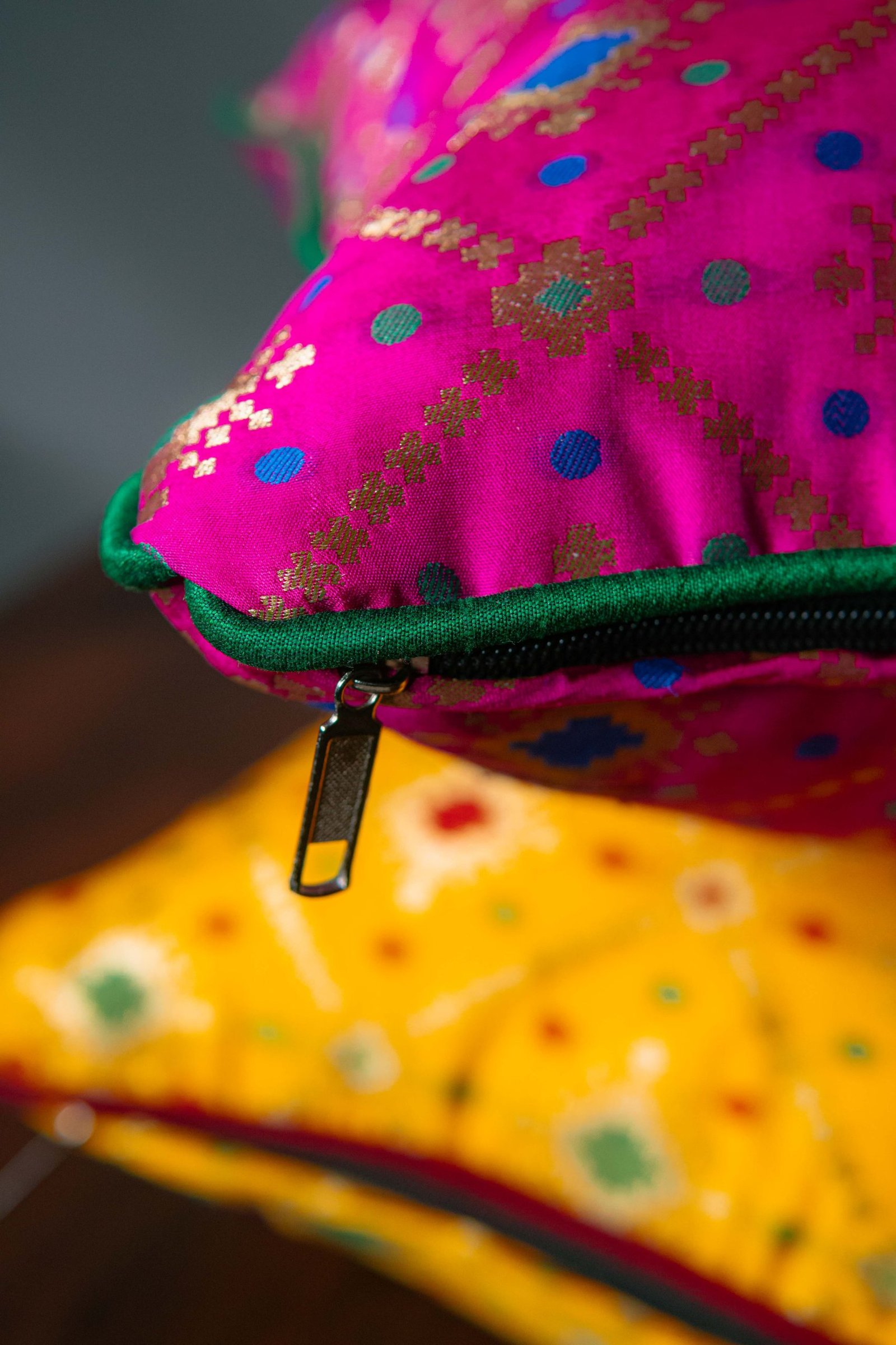 Mesmerizing Colors of Assorted Bandhani Brocade Beauty Rectangular Cushion Covers (Yellow-Pink Combo) - Image 3