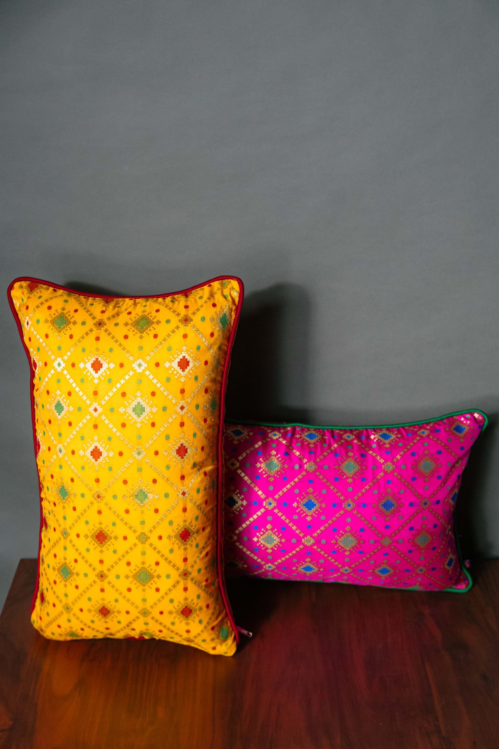 Mesmerizing Colors of Assorted Bandhani Brocade Beauty Rectangular Cushion Covers (Yellow-Pink Combo) - Image 4