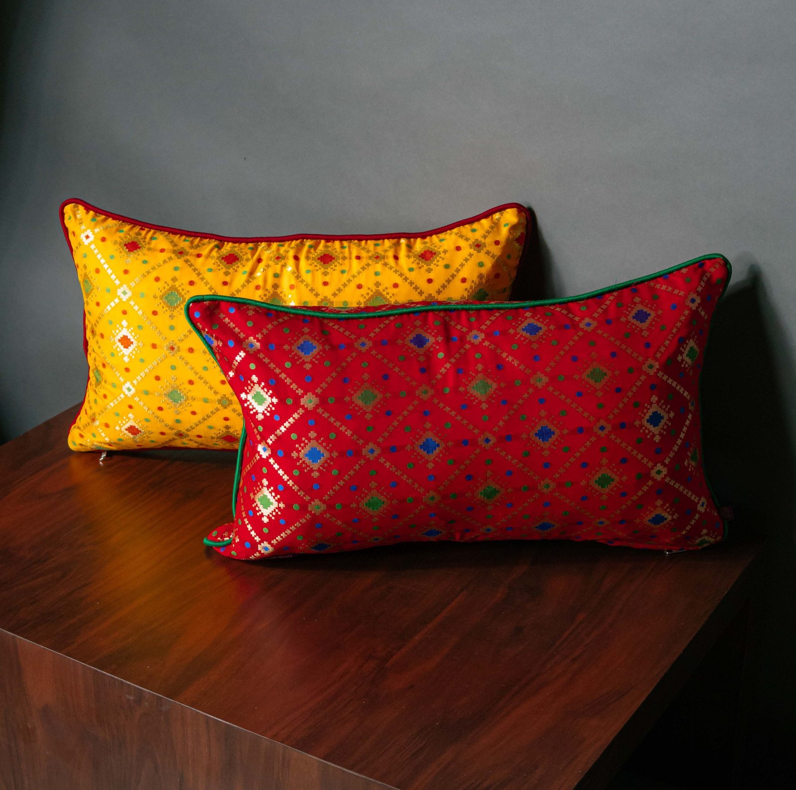 Mesmerizing Colors of Assorted Bandhani Brocade Beauty Rectangular Cushion Covers (Yellow-Red Combo)