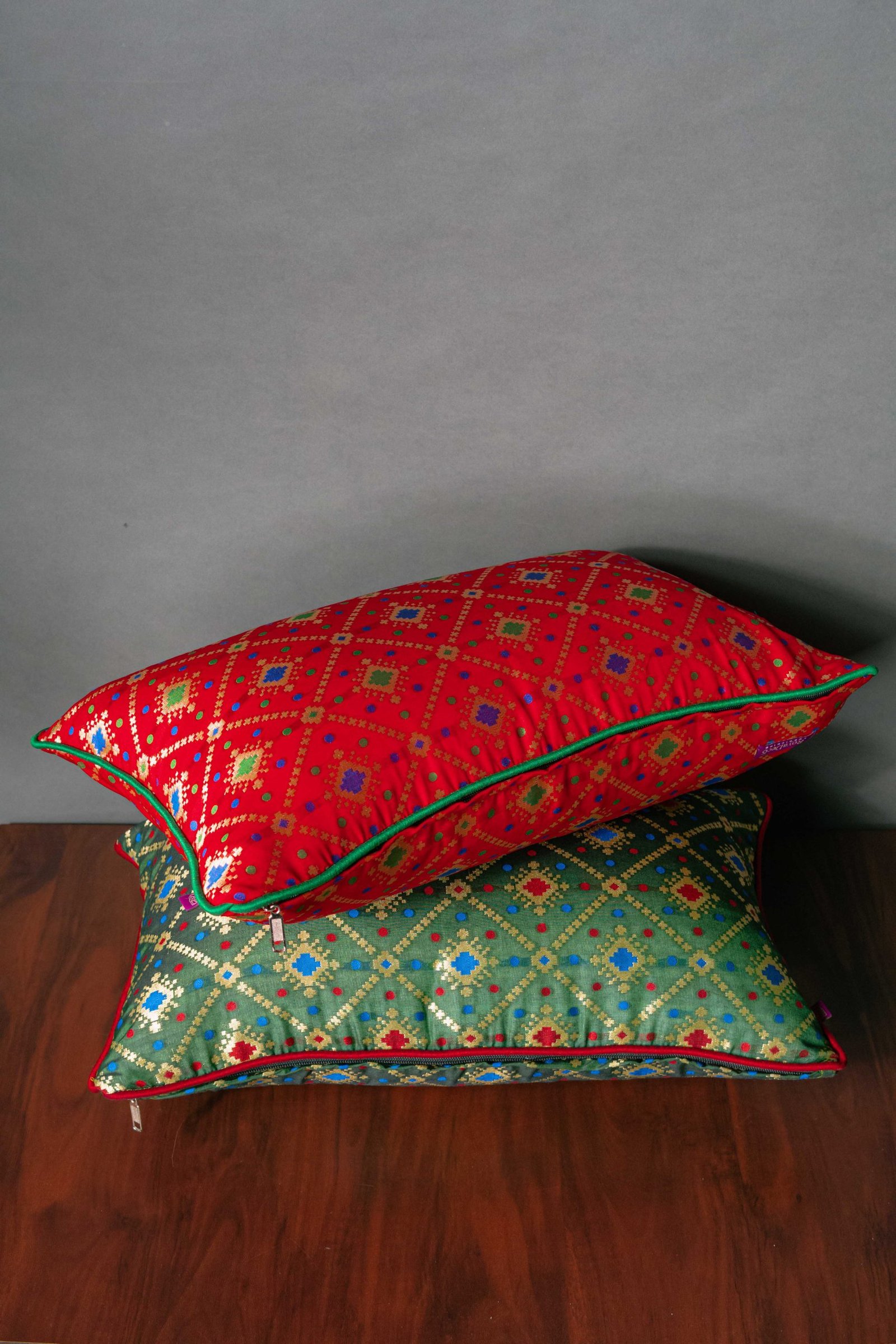 Mesmerizing Colors of Assorted Bandhani Brocade Beauty Rectangular Cushion Covers (Green-Red Combo) - Image 2