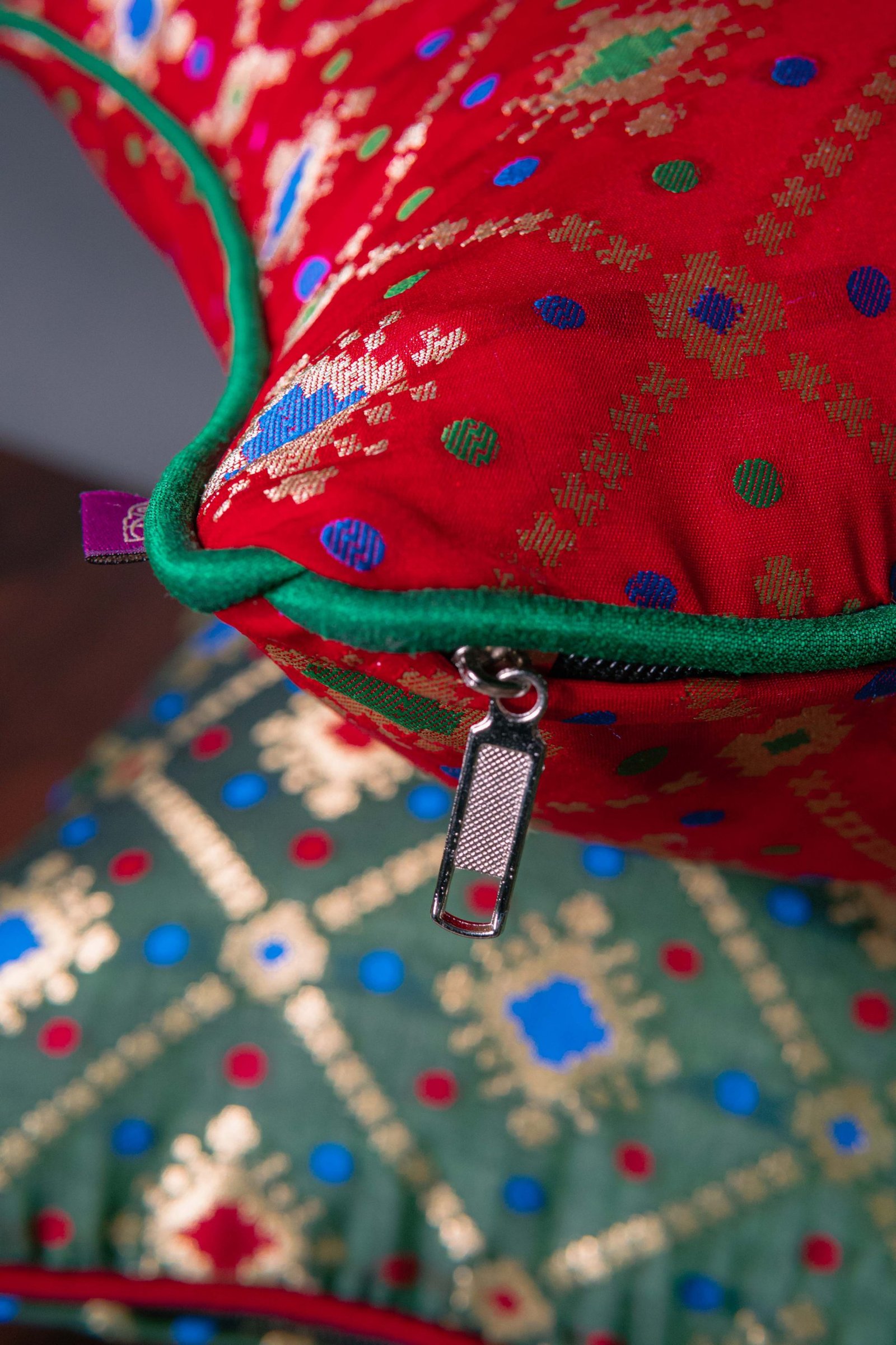 Mesmerizing Colors of Assorted Bandhani Brocade Beauty Rectangular Cushion Covers (Green-Red Combo) - Image 3