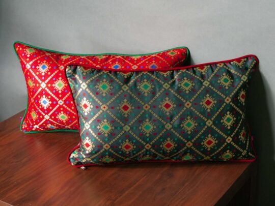 Mesmerizing Colors of Assorted Bandhani Brocade Beauty Rectangular Cushion Covers (Red-Black Combo)