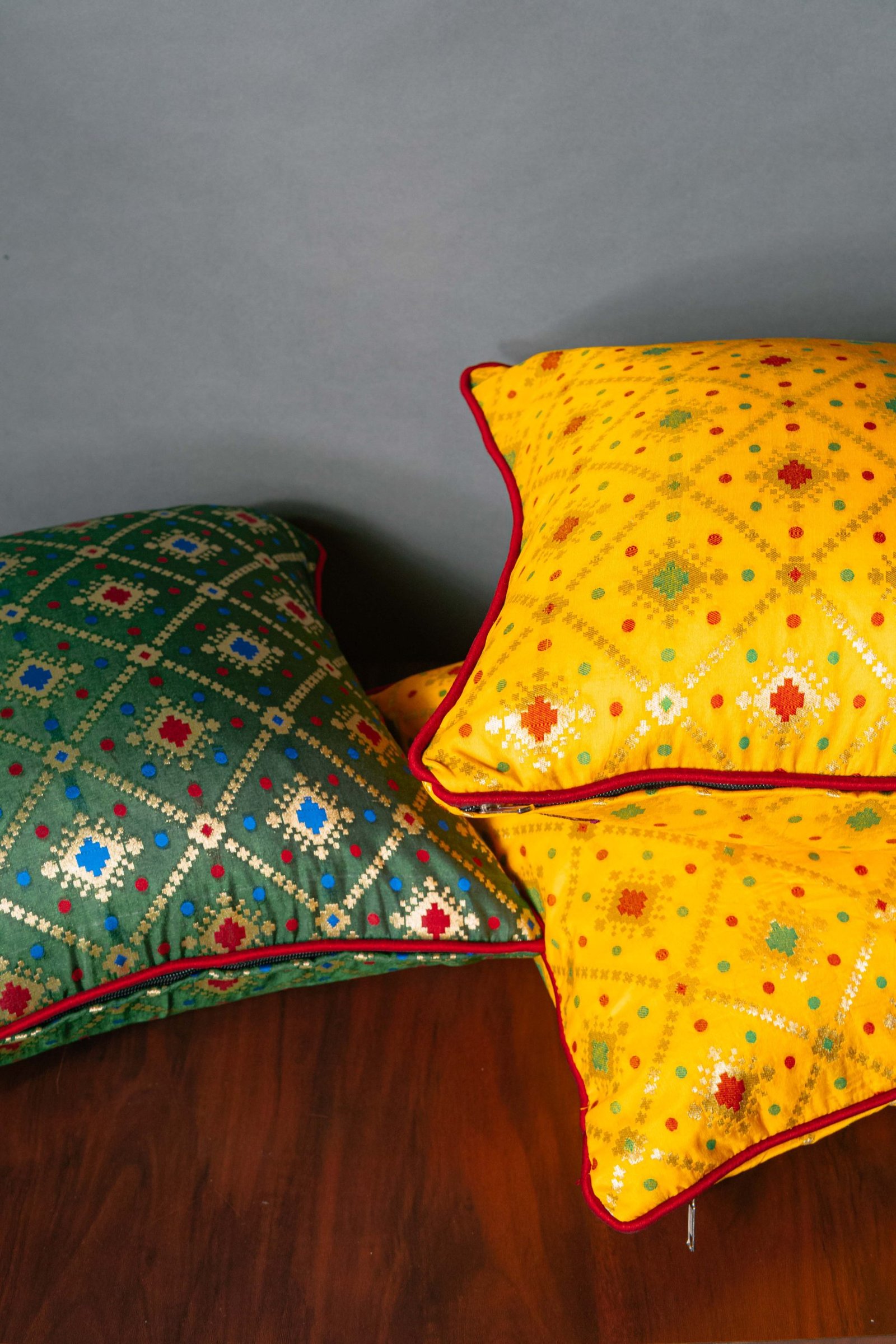 Mesmerizing Colors of Assorted Bandhani Brocade Beauty Cushion Covers (Yellow-Green Combo) - Image 4