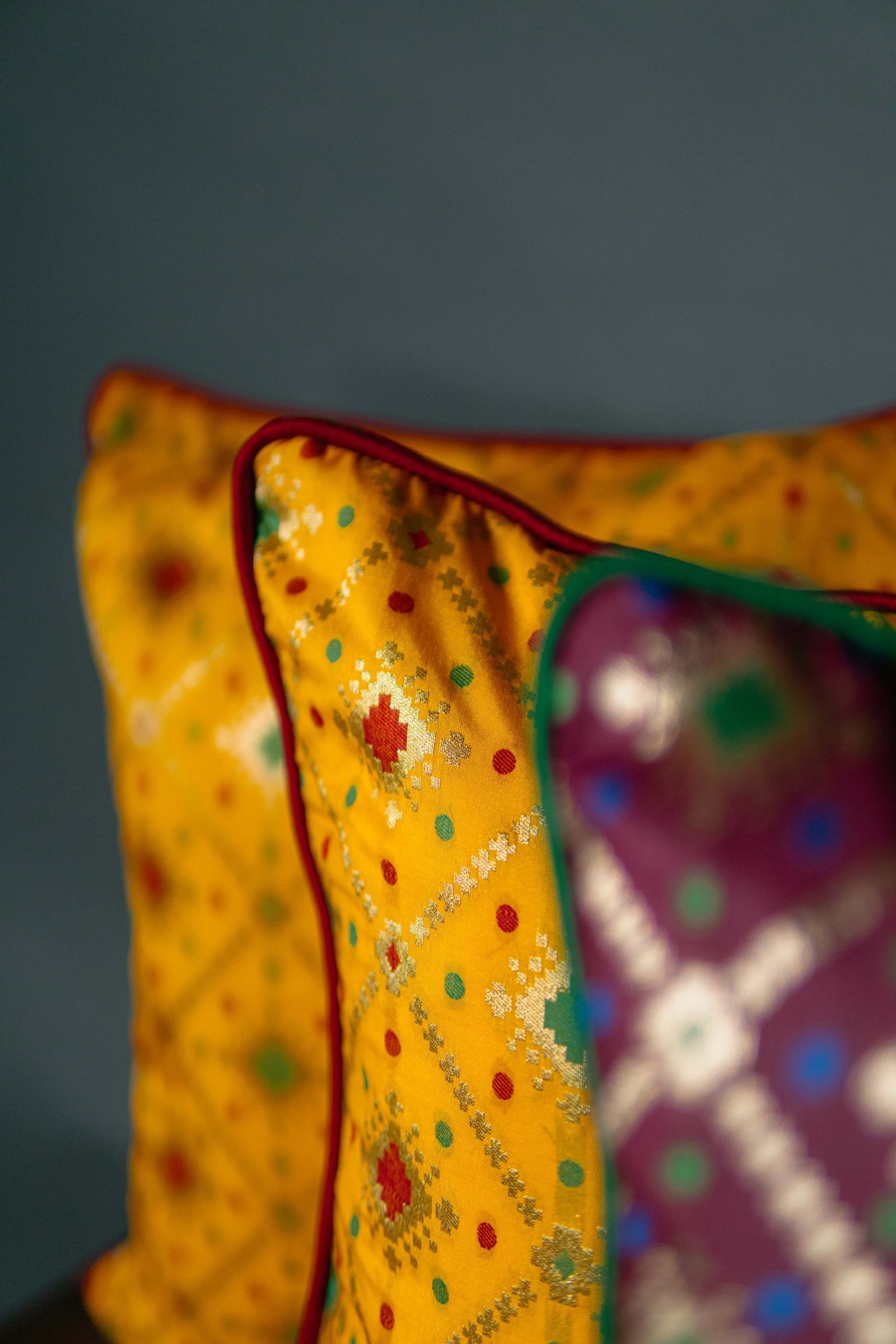 Mesmerizing Colors of Assorted Bandhani Brocade Beauty Cushion Covers (Yellow-Wine Combo) - Image 2