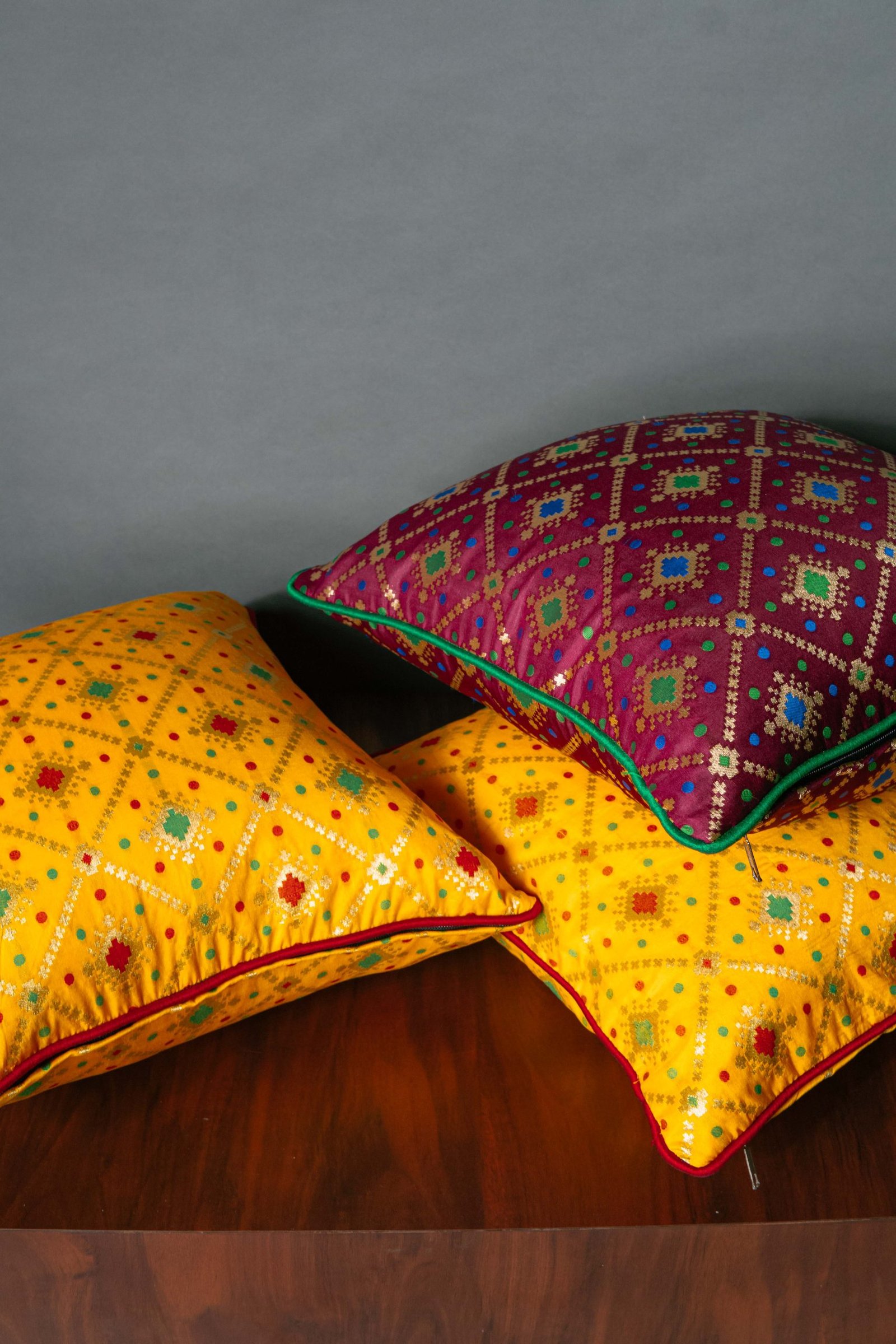 Mesmerizing Colors of Assorted Bandhani Brocade Beauty Cushion Covers (Yellow-Wine Combo) - Image 3