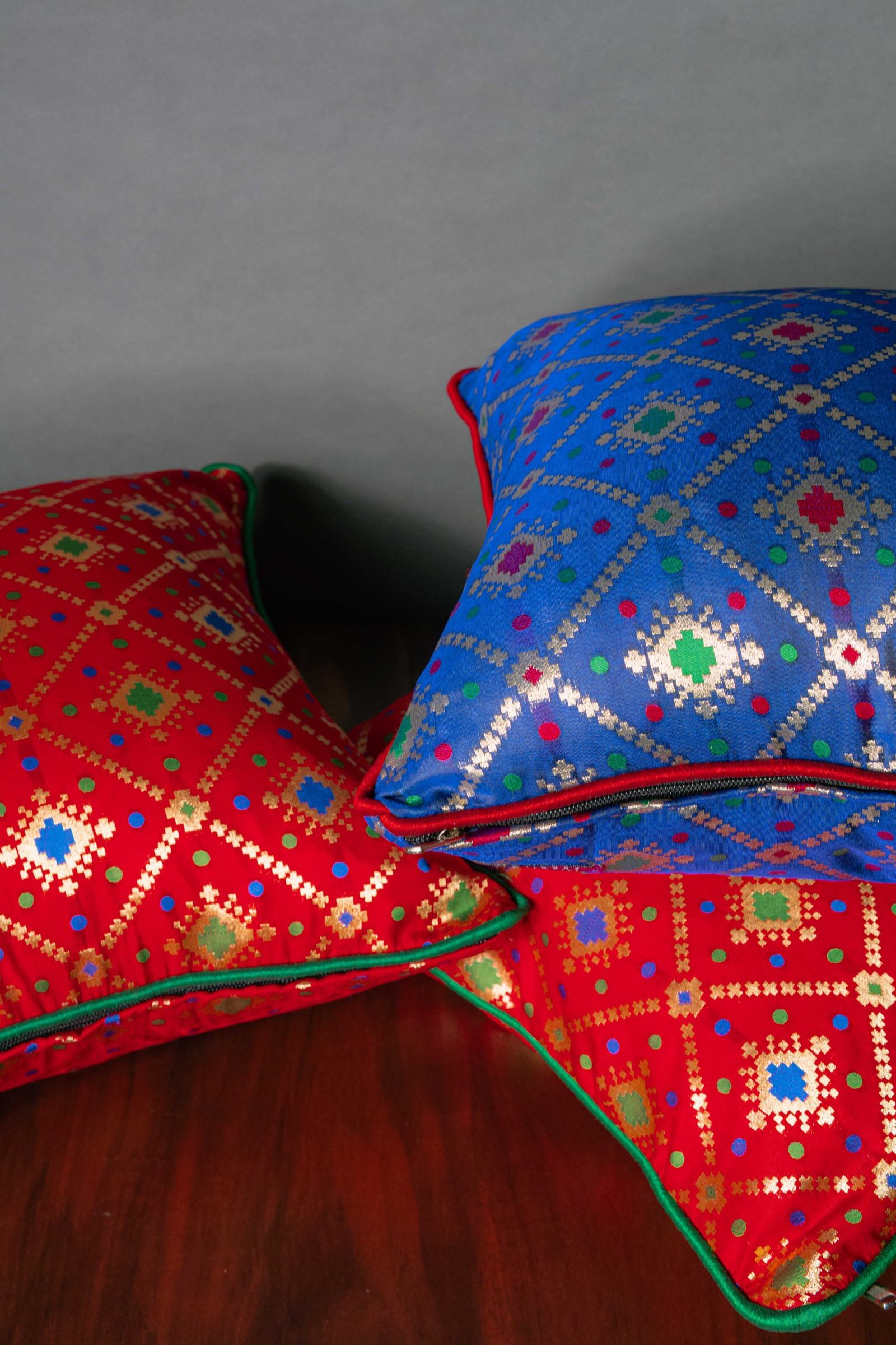 Mesmerizing Colors of Assorted Bandhani Brocade Beauty Cushion Covers (Red-Blue Combo) - Image 3