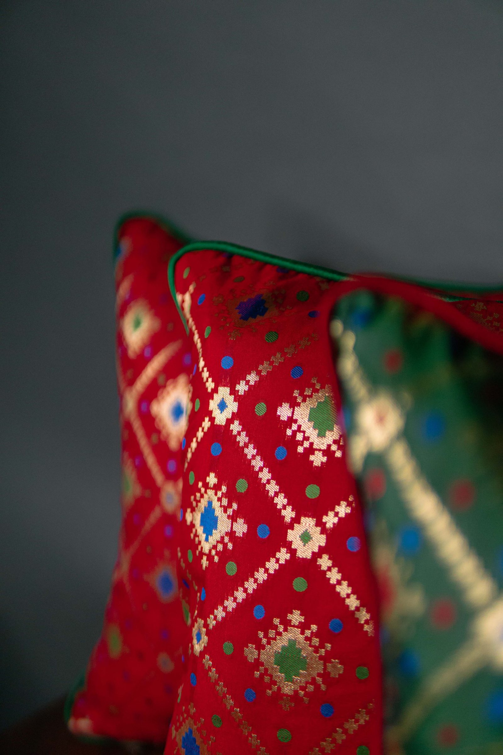 Mesmerizing Colors of Assorted Bandhani Brocade Beauty Cushion Covers (Red-Green Combo) - Image 2