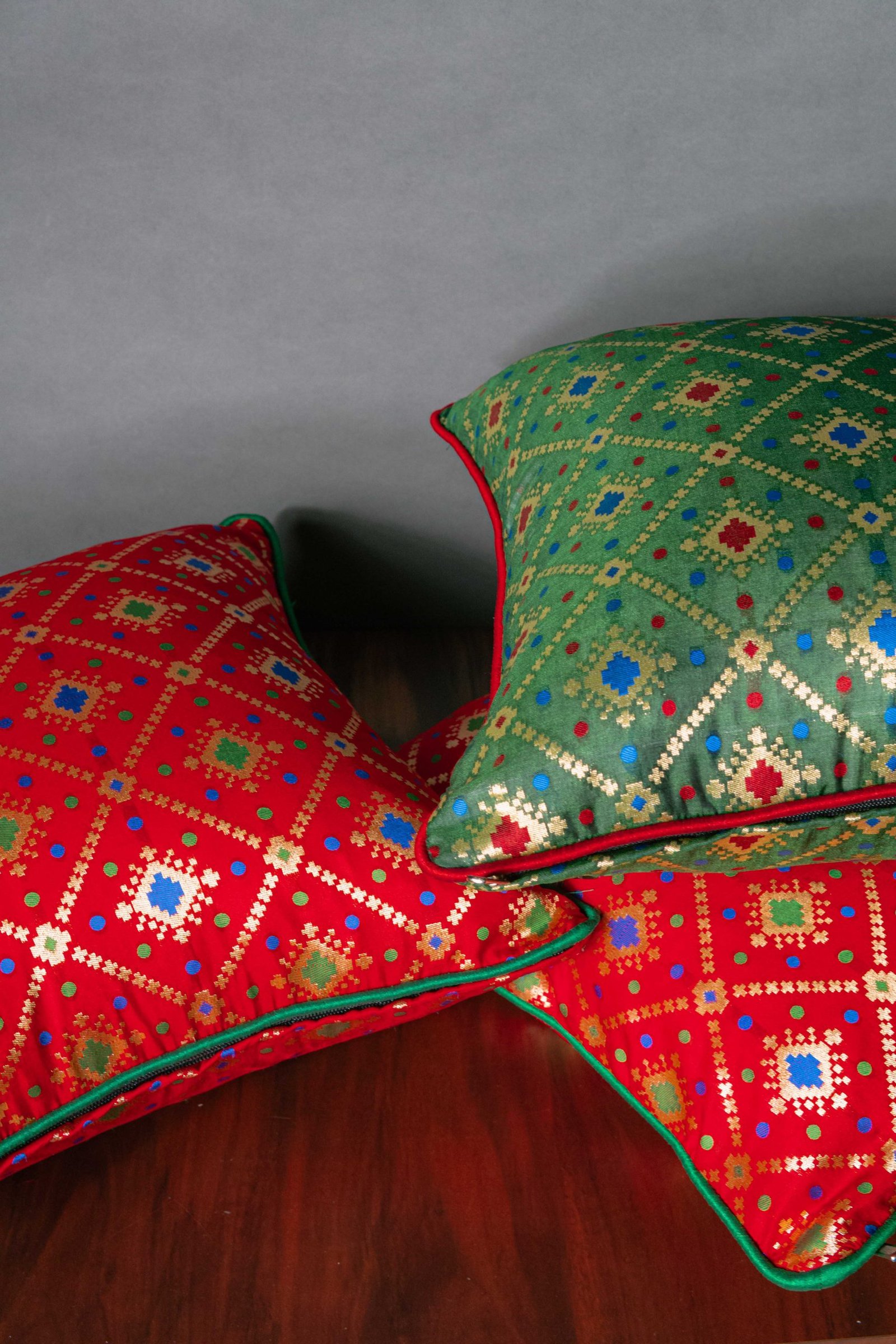 Mesmerizing Colors of Assorted Bandhani Brocade Beauty Cushion Covers (Red-Green Combo) - Image 3